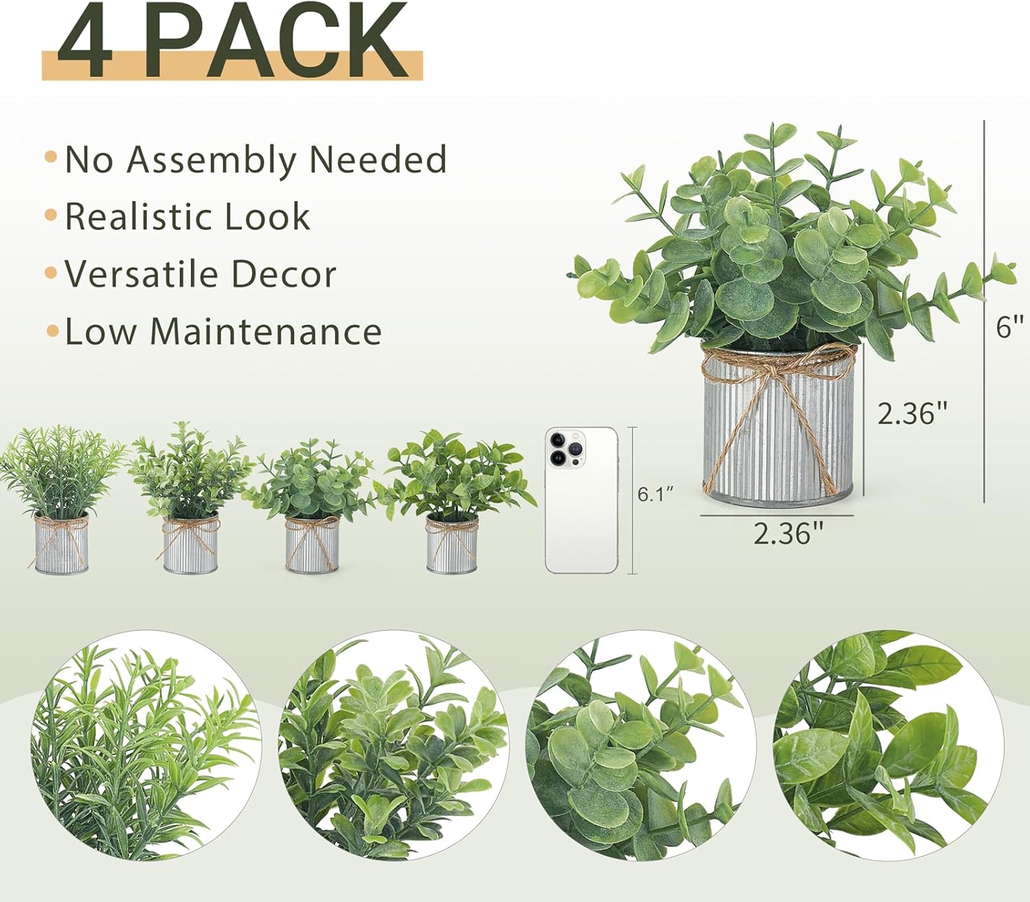 4 Packs Small Fake Plants in Farmhouse Galvanized Pots Table Centerpiece Mini / Grey / Mini-6"h