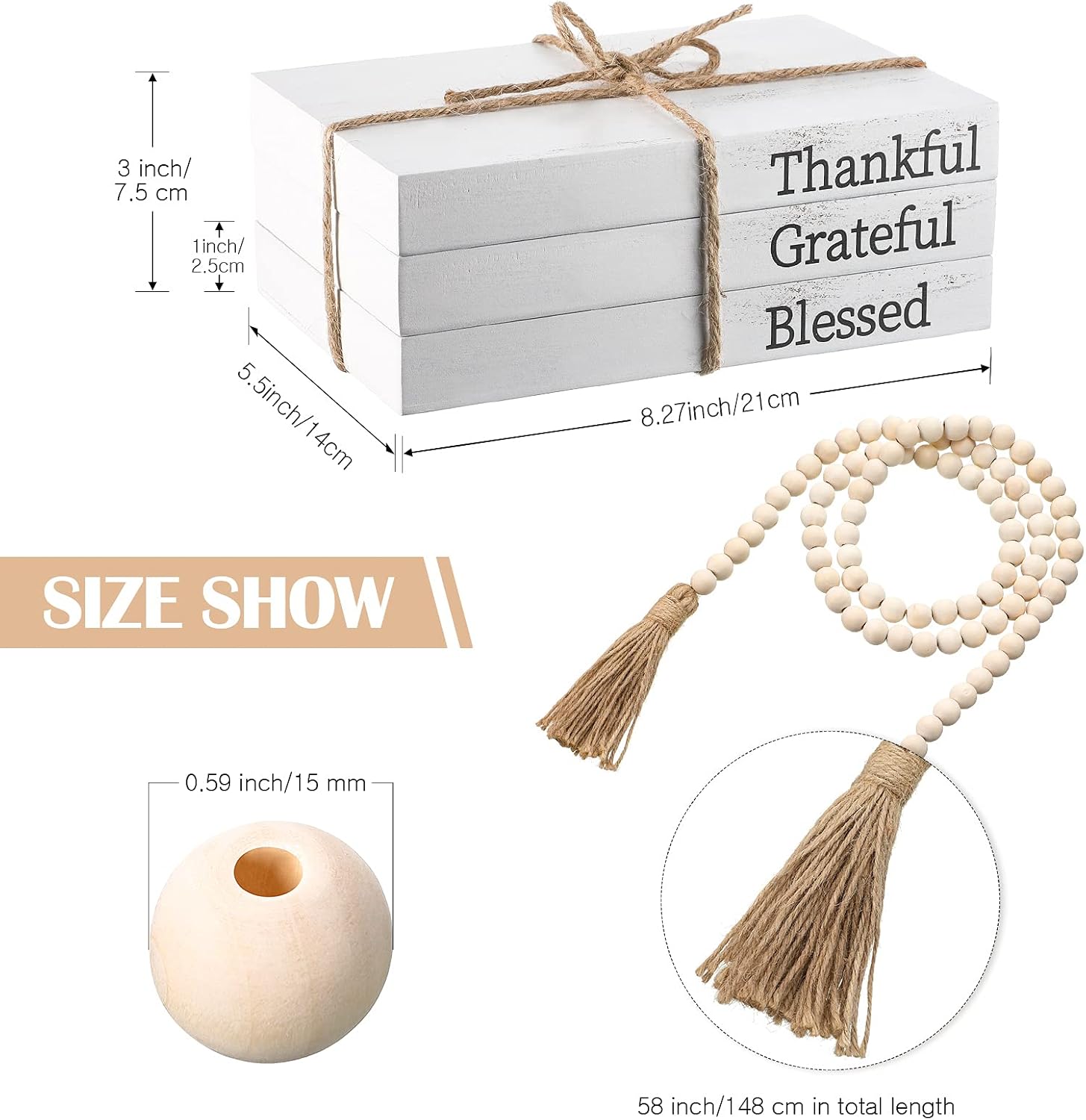 Wood Bead Garland for Living / Thankful, Grateful, Blessed / White / 58 Inch / Set of 3