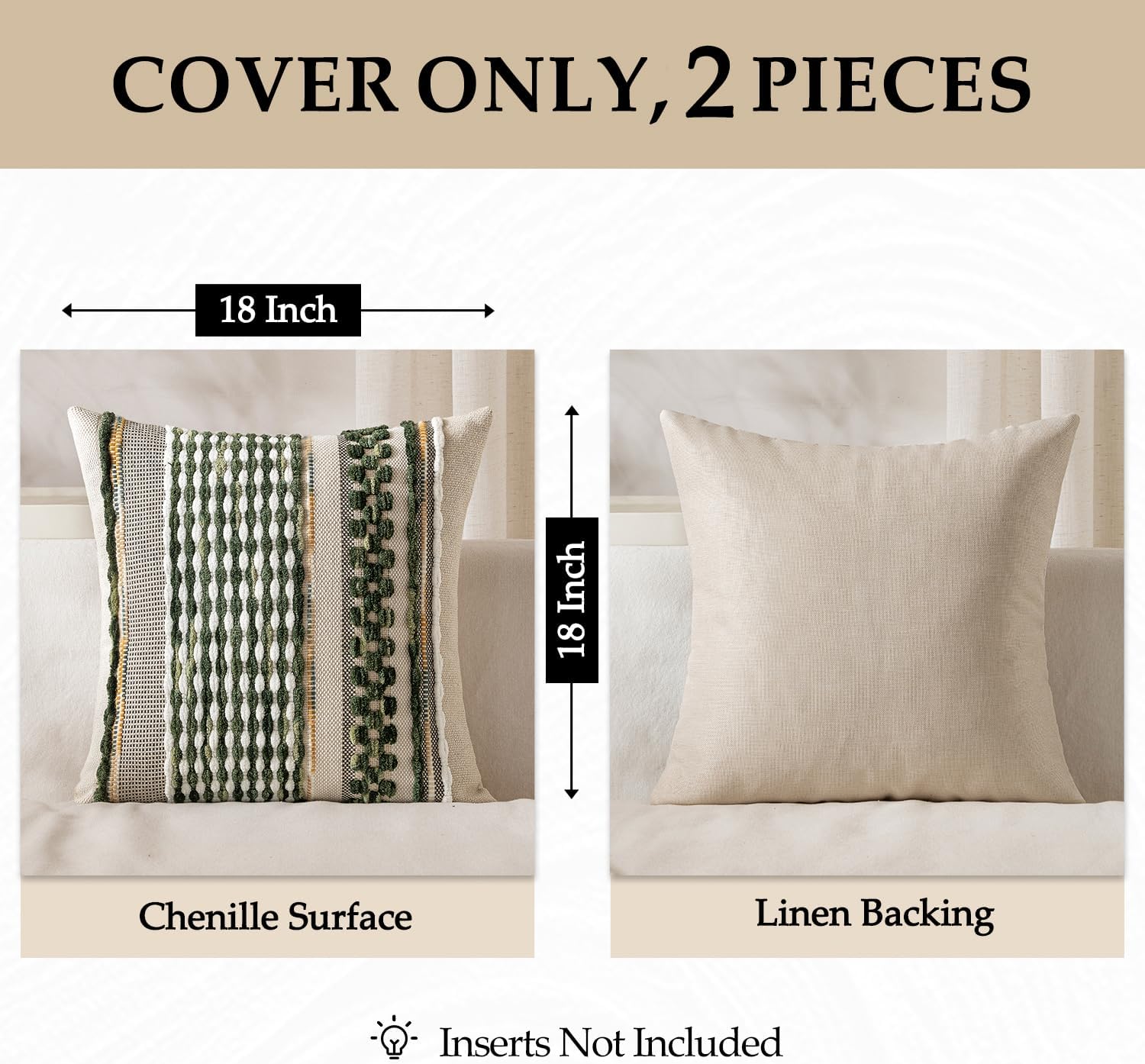 Boho Decorative Throw Pillow Covers Farmhouse Cushion Case / Olive Green Stripe / 18 x 18 / Set of 2