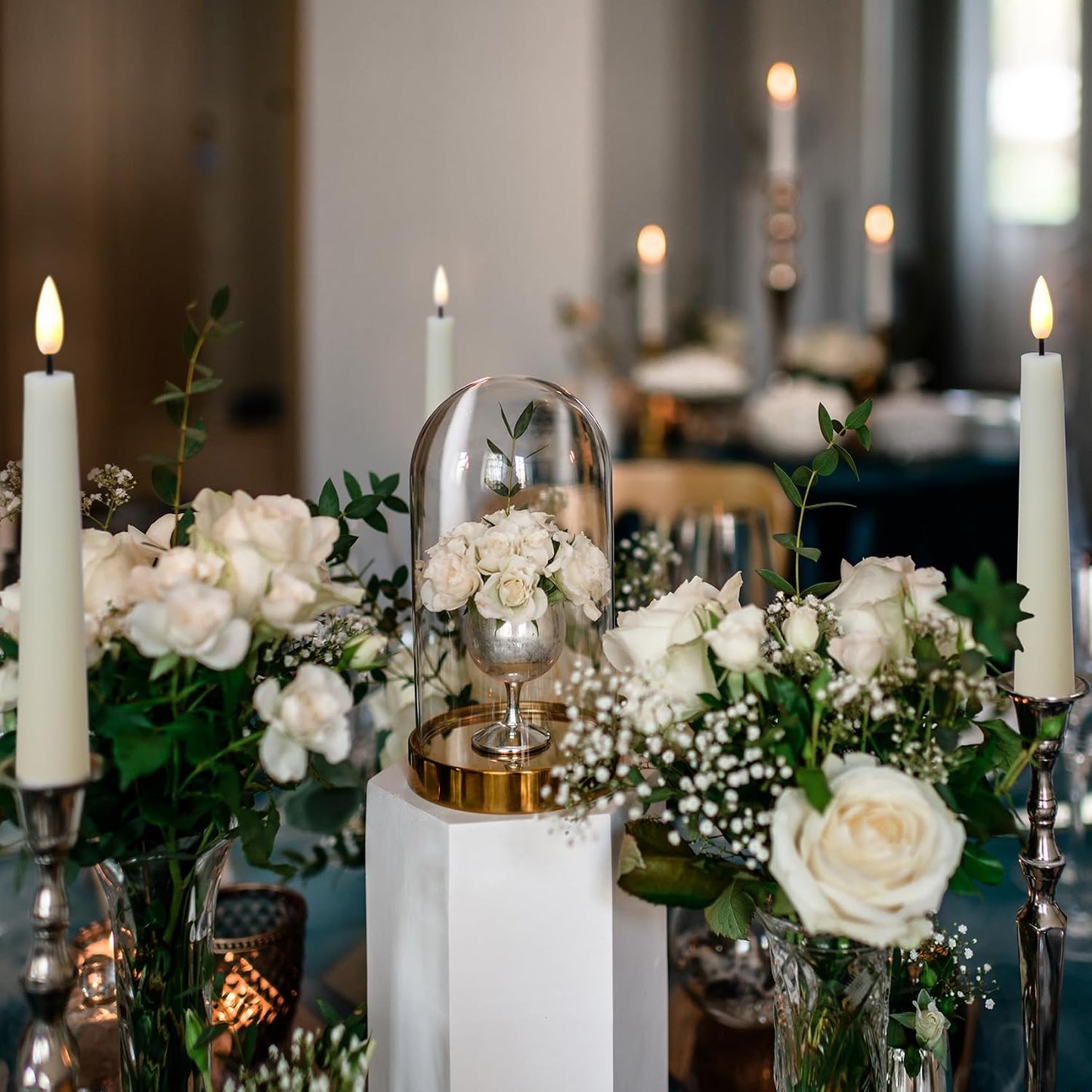 Short Ivory Flameless Taper Candles with Remote Set of 6 | Flickering LED Candlesticks, Real Wax Coating, 2 AAA Battery