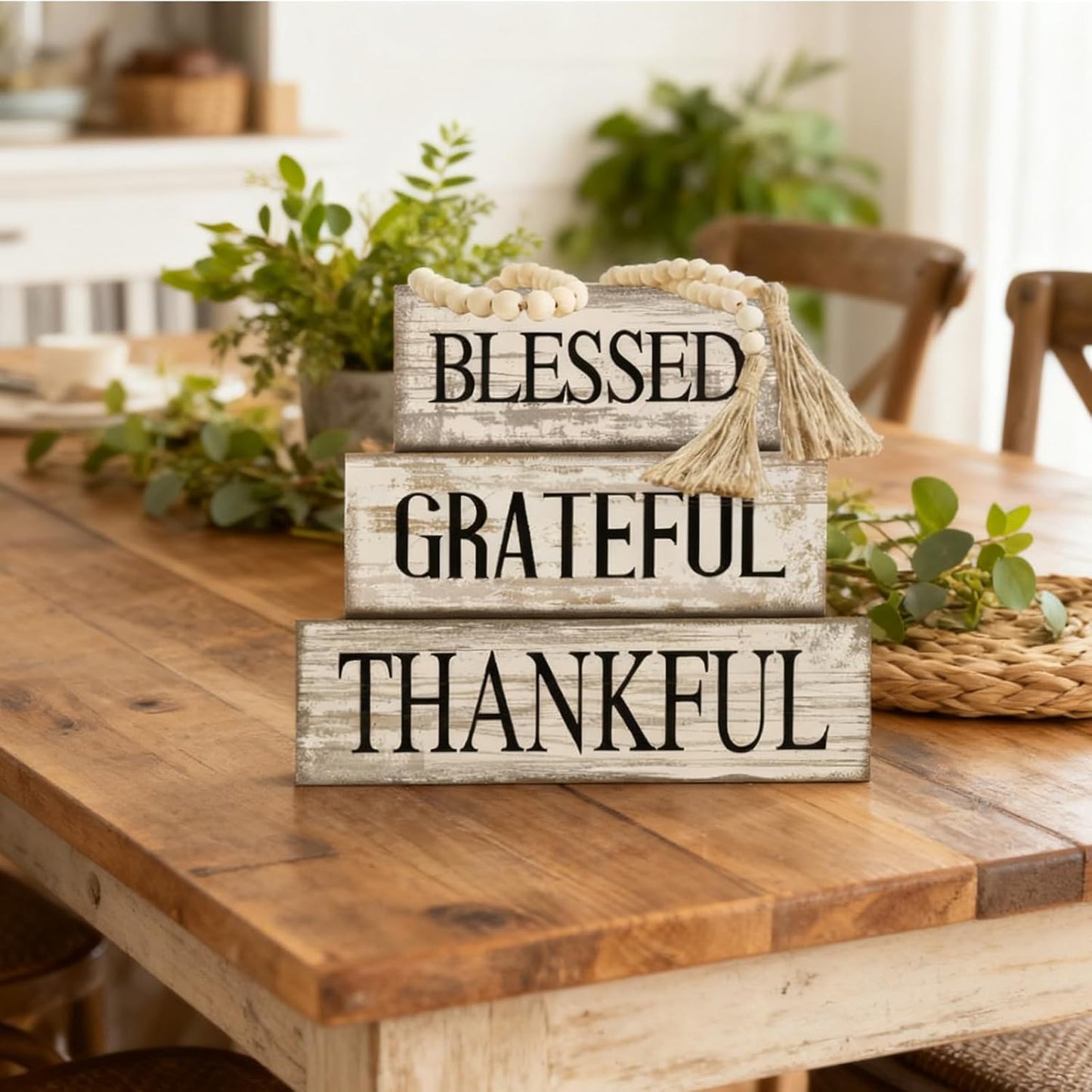 Farmhouse Wooden Tabletop Decor Neutral Farmhouse Tiered Tray Decor Rustic / Blessed / Set of 4