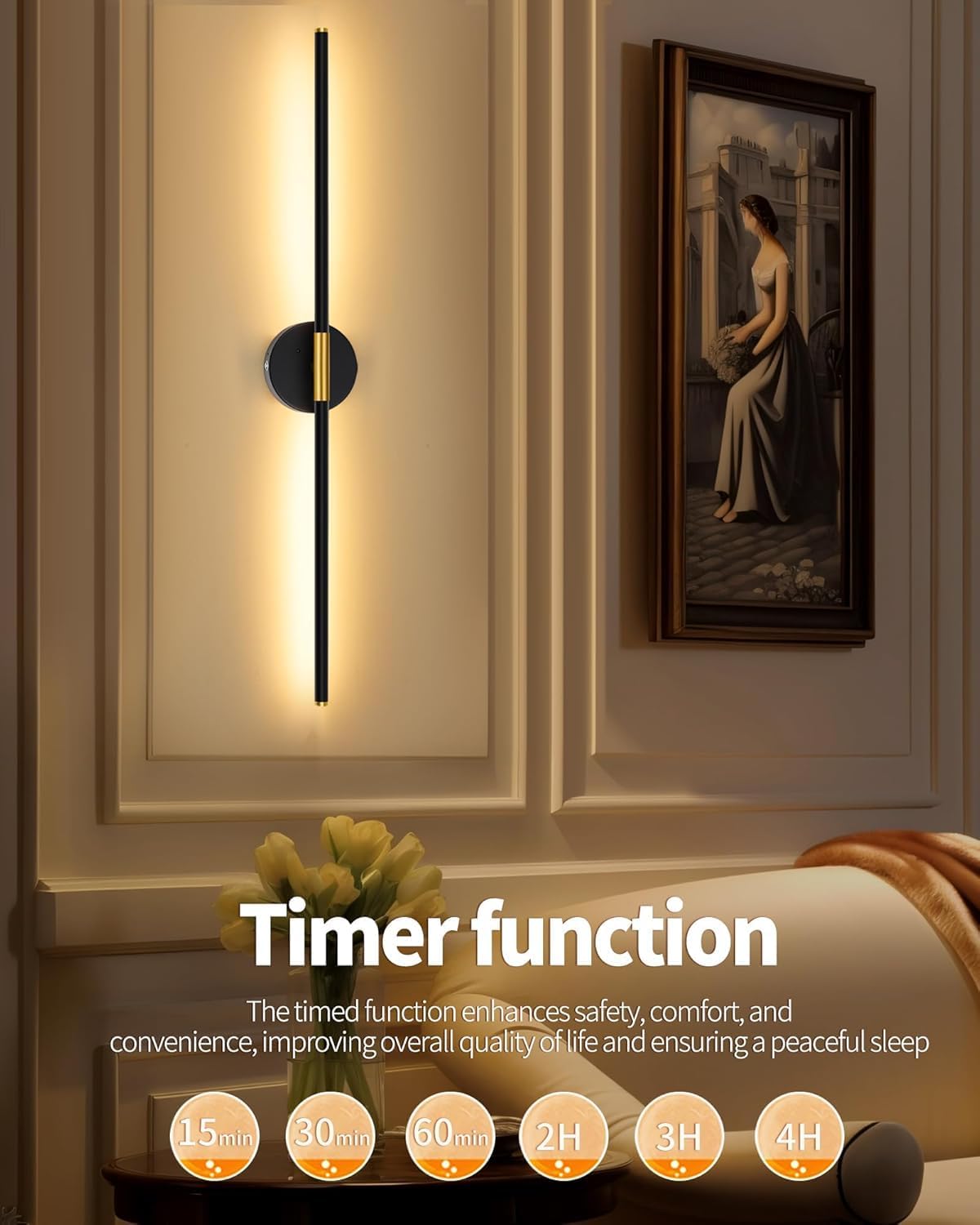 24" Battery Operated Wall Sconce Set of 2, 350° Rotating Lamp, Black Gold | Wireless, 8000mAh Rechargeable Battery