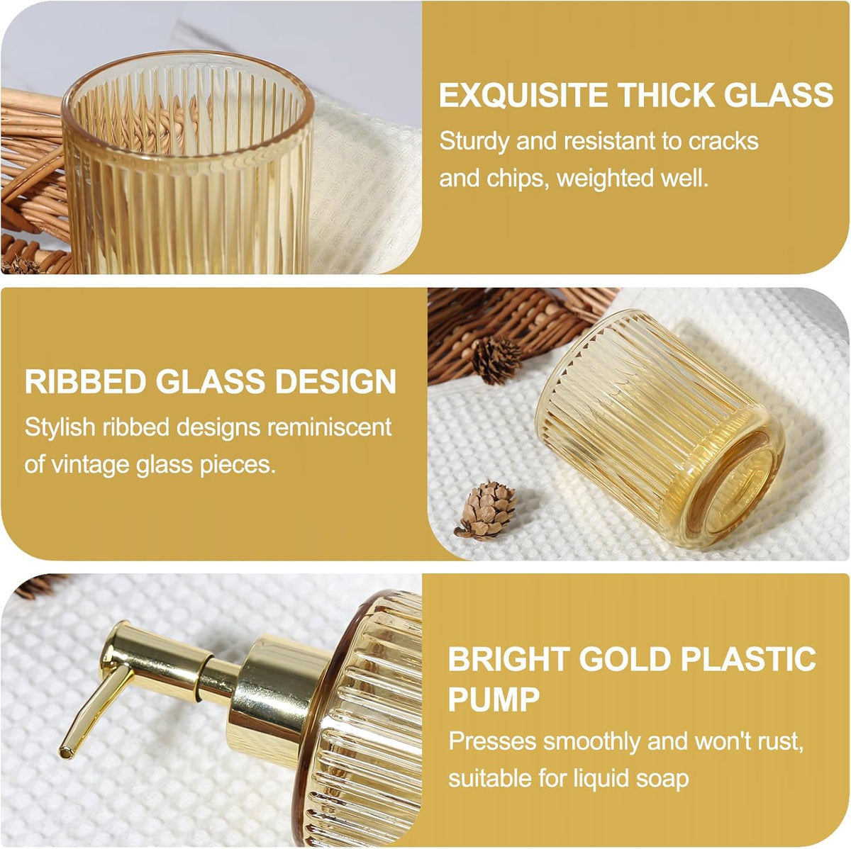 KASUNTING Gold Bathroom Accessories 4 Pcs, Gold Glass Soap Dispenser and Toothbrush Holder Set, Qtip Holder Set, Glass