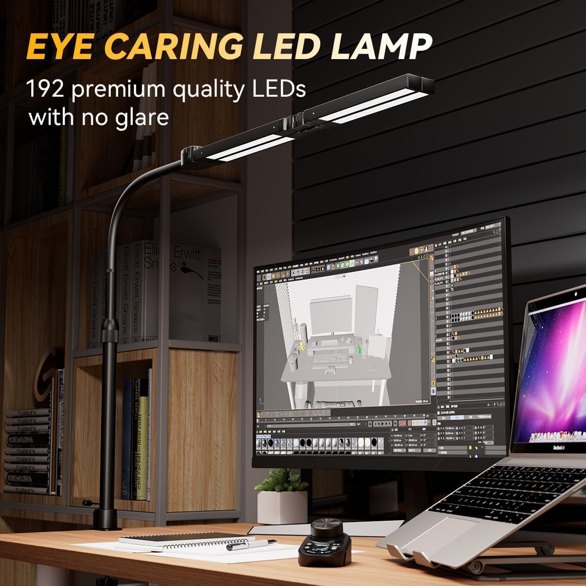 Adjustable LED Desk Lamp with Clamp, 4-Head Eye-Caring CRI95+ Desk Light, Stepless Dimming & Color Temp Remote Control