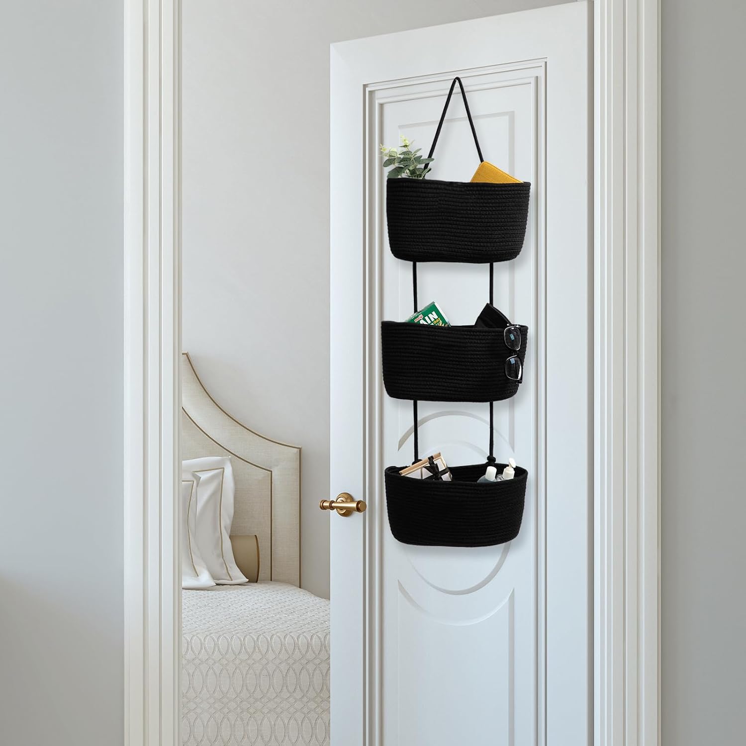 3-Tier Woven Cotton Wall-Mounted Storage Organizer Bag Decorative Hanging Nursery / Black