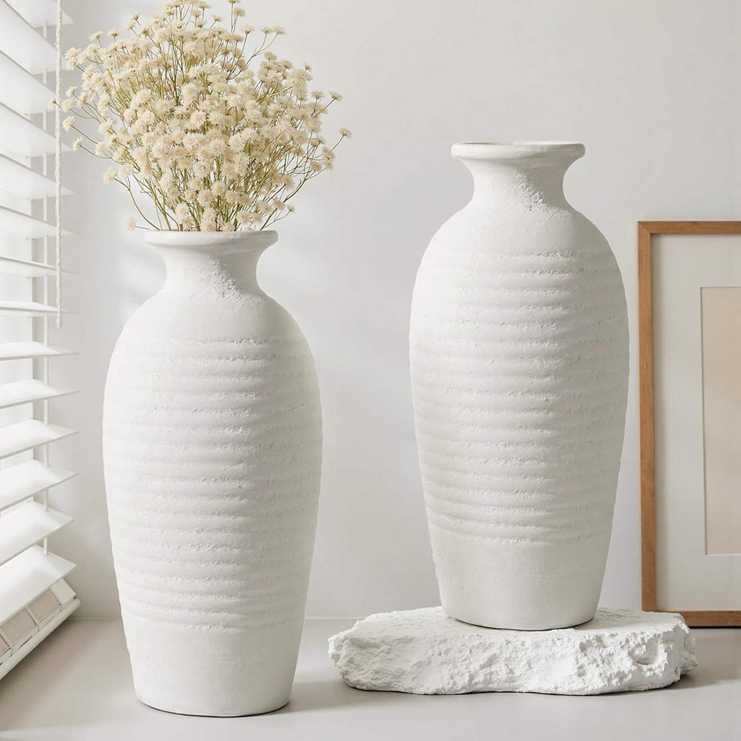 Rustic Ceramic Threaded White Vase / Off-white-14.4"tall