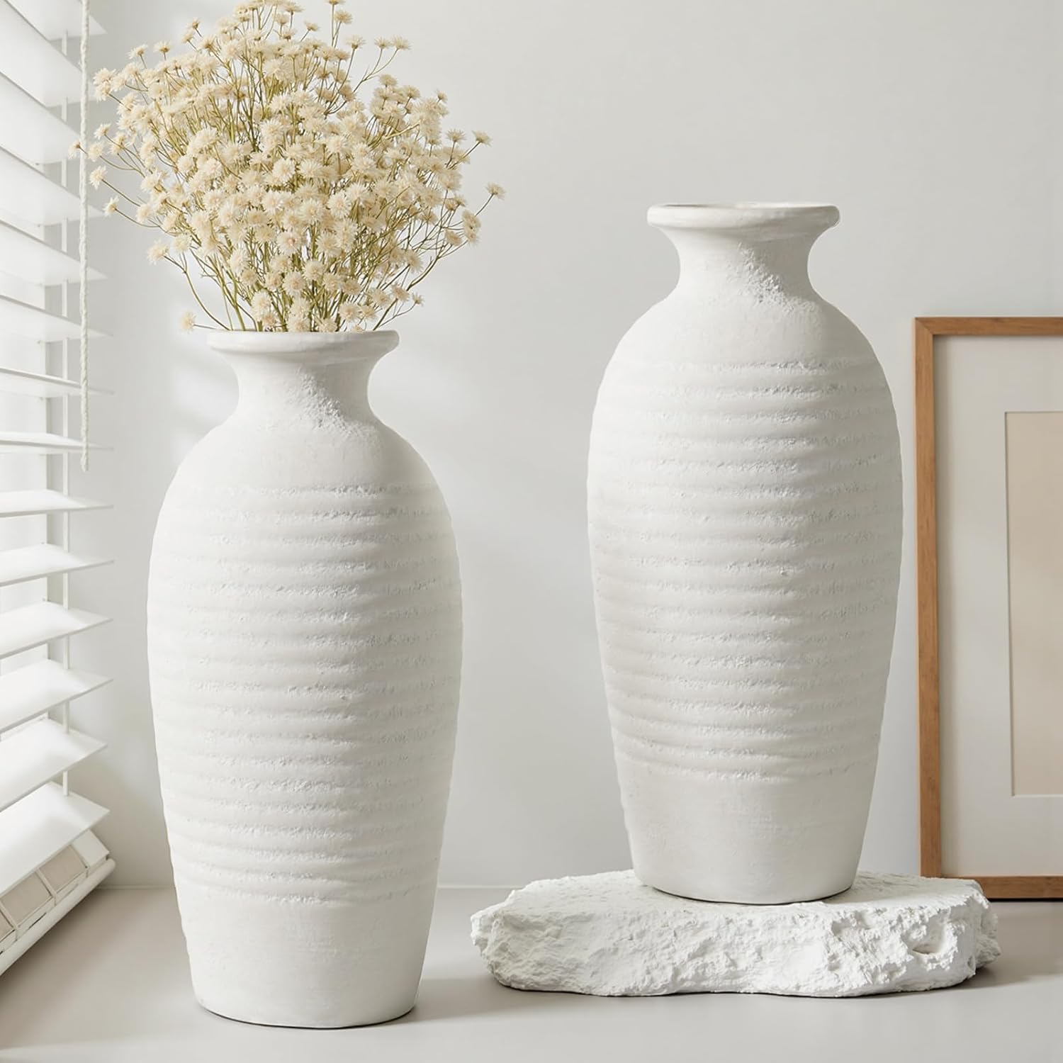 Rustic Ceramic Threaded White Vase / Off-white-14.4"tall