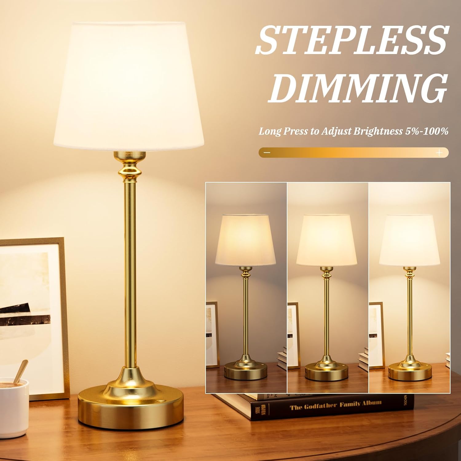 Kakanuo Cordless Table Lamps Rechargeable Set - 2 Pack Gold 4000mAH Battery Operated Lamps for Decor, 3000K Stepless