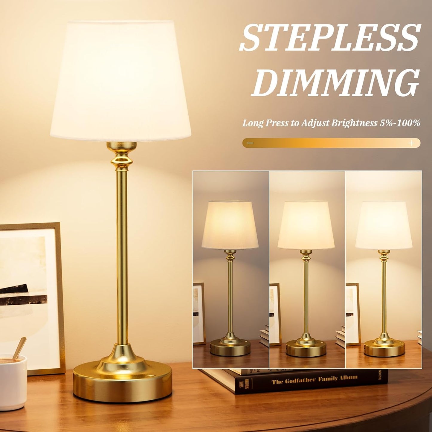 Kakanuo Gold Cordless Table Lamp with Rechargeable Battery, 1 Pack | Touch Stepless Dimming with Memory, 4000mAh