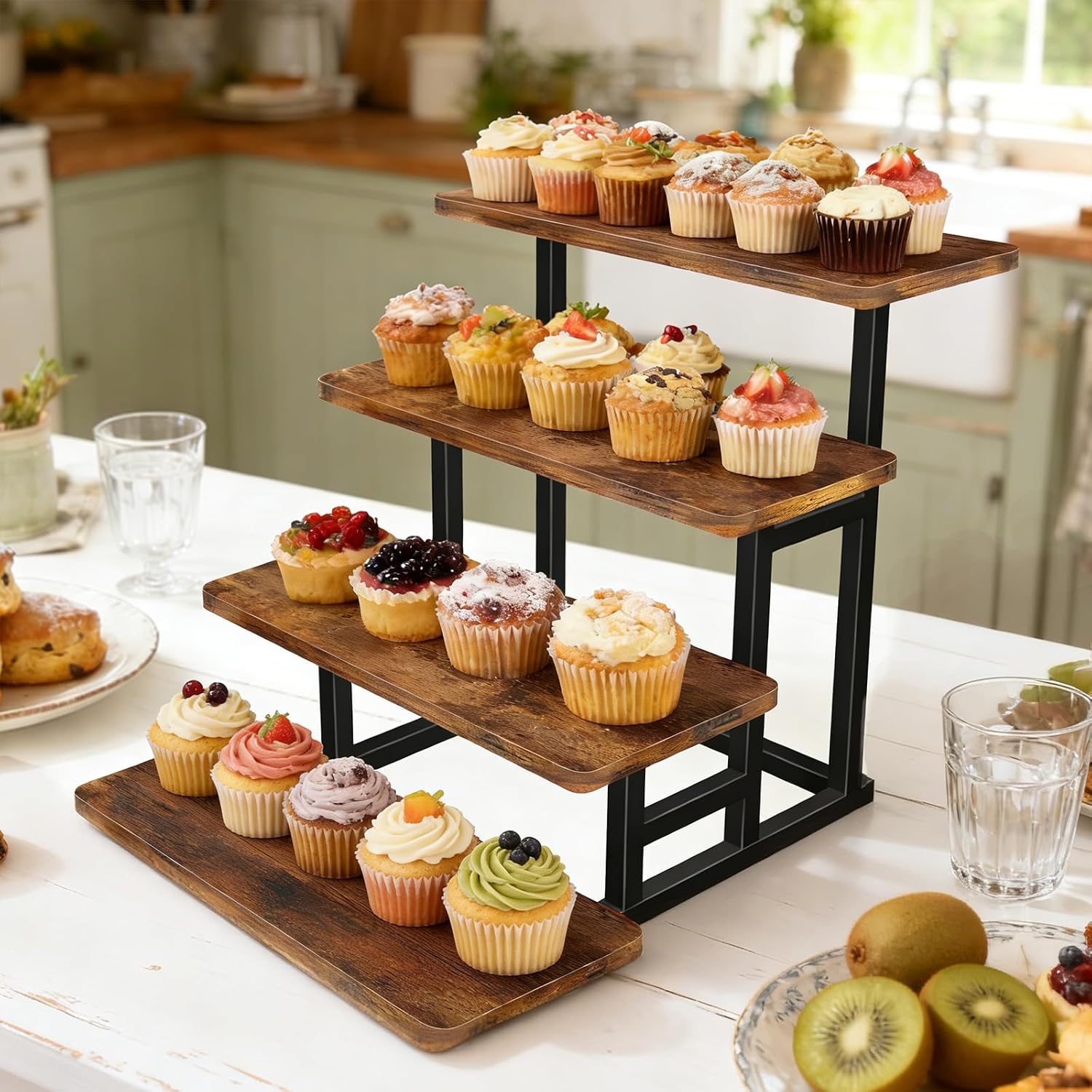 Lily Cupcake Stand for 50 Cupcakes, 2 PACK Wooden Dessert Table Display Set for Wedding Cupcake Tower, Stepped Tiered