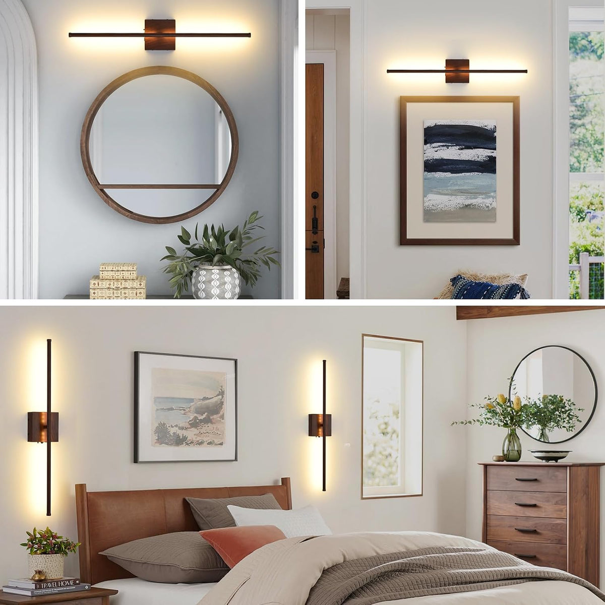 Rechargeable Battery Operated Wall Sconces, 11000mAh Faux Walnut Finish Wall Lights with Remote Control, 350°Rotate