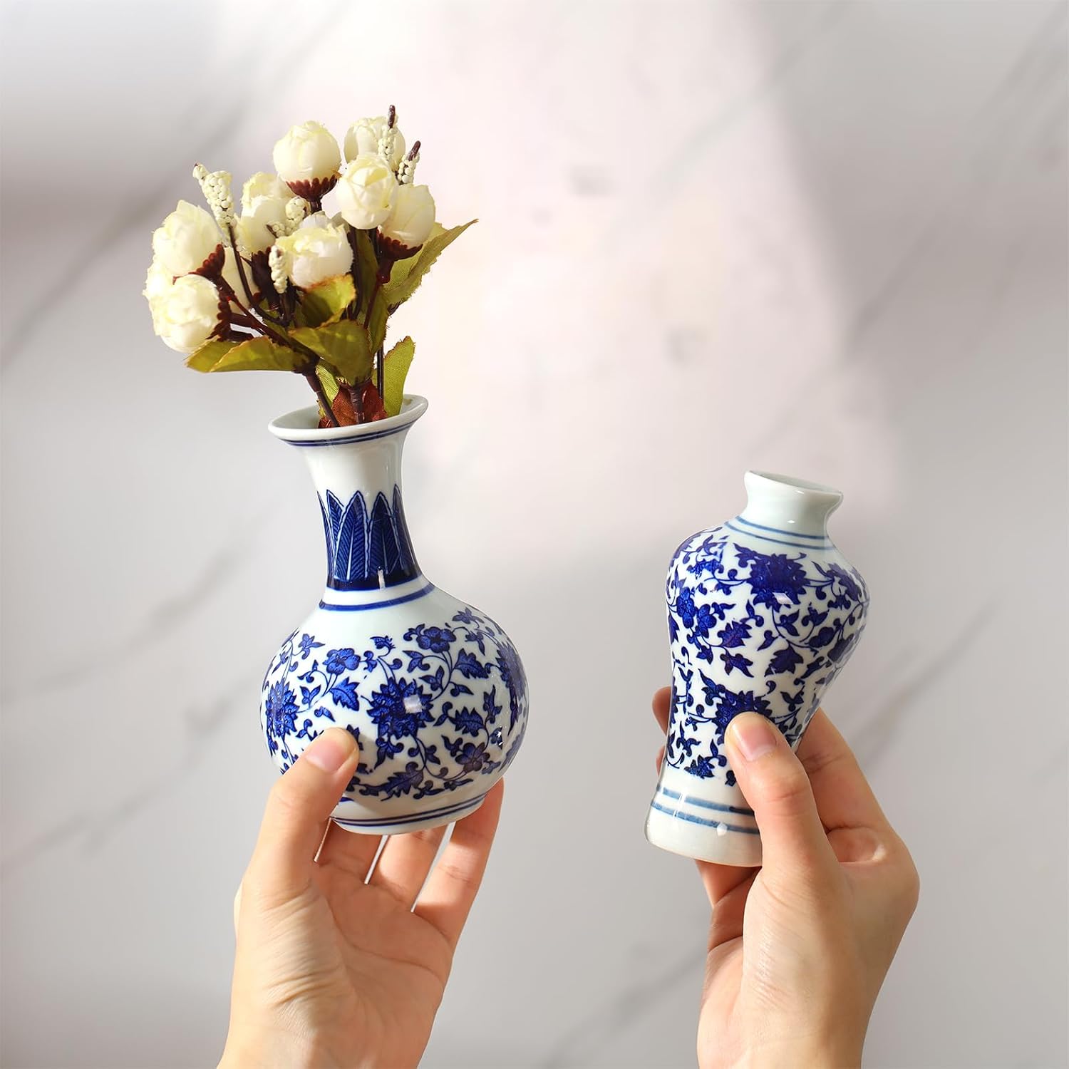 Mini Chinoiserie Bud Vases Ceramic and White Floral Chinese Porcelain / Elegant / Blue / Set of 8
