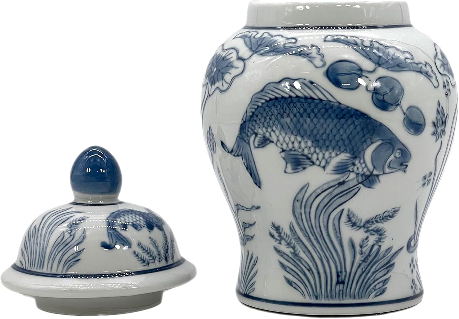 8" Ceramic Ginger Jar w/Lid / Slate Blue & White Koi