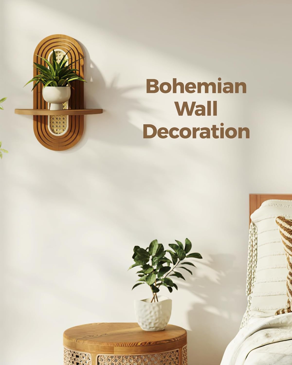 Boho Wall Decor Plant Wall Shelf / Wickerwork / 14.5'' Single / Brown