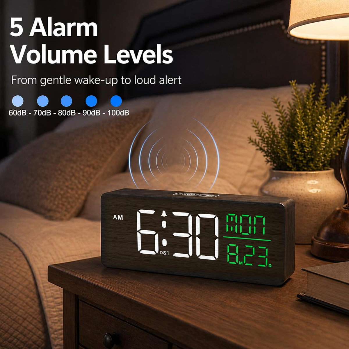 Peakeep Wooden Digital Alarm Clock Large Display, Textured Decoration | for Bedroom Living Room Desk Table, Electric