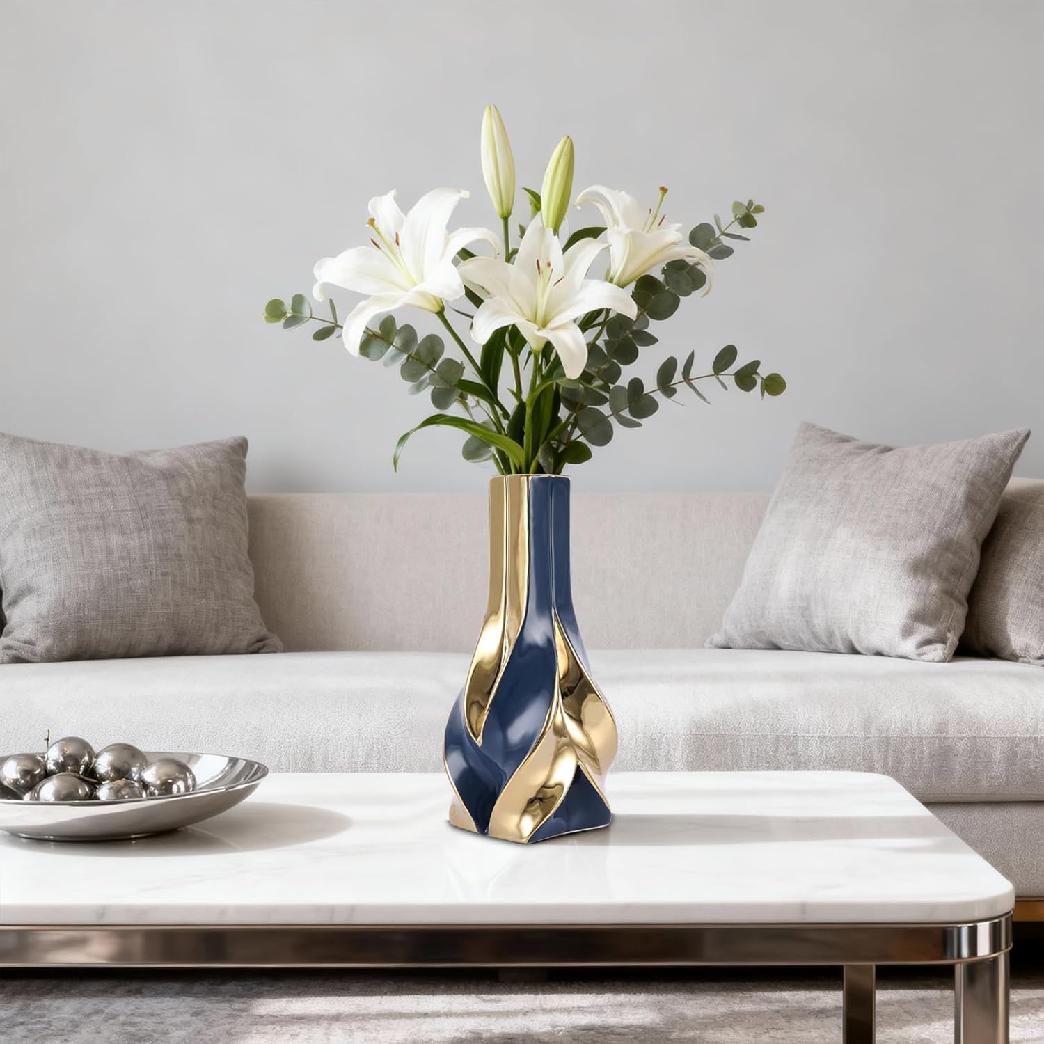 10.6" Blue and Gold Ceramic Vase / Blue Gold