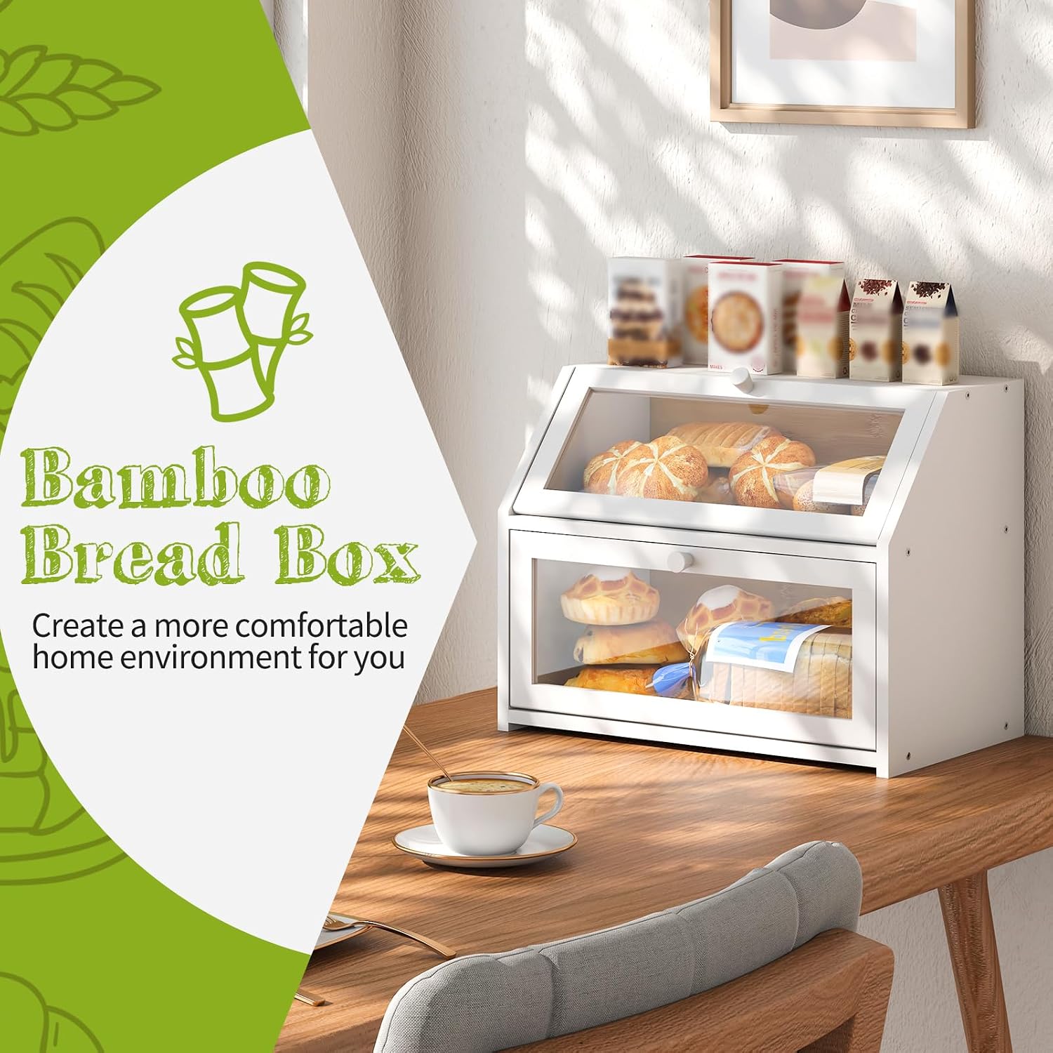 BMOSU Farmhouse Bread Box for Kitchen Countertop Bread box Double Layer Bamboo Wooden Extra Large Capacity Bin Kitchen