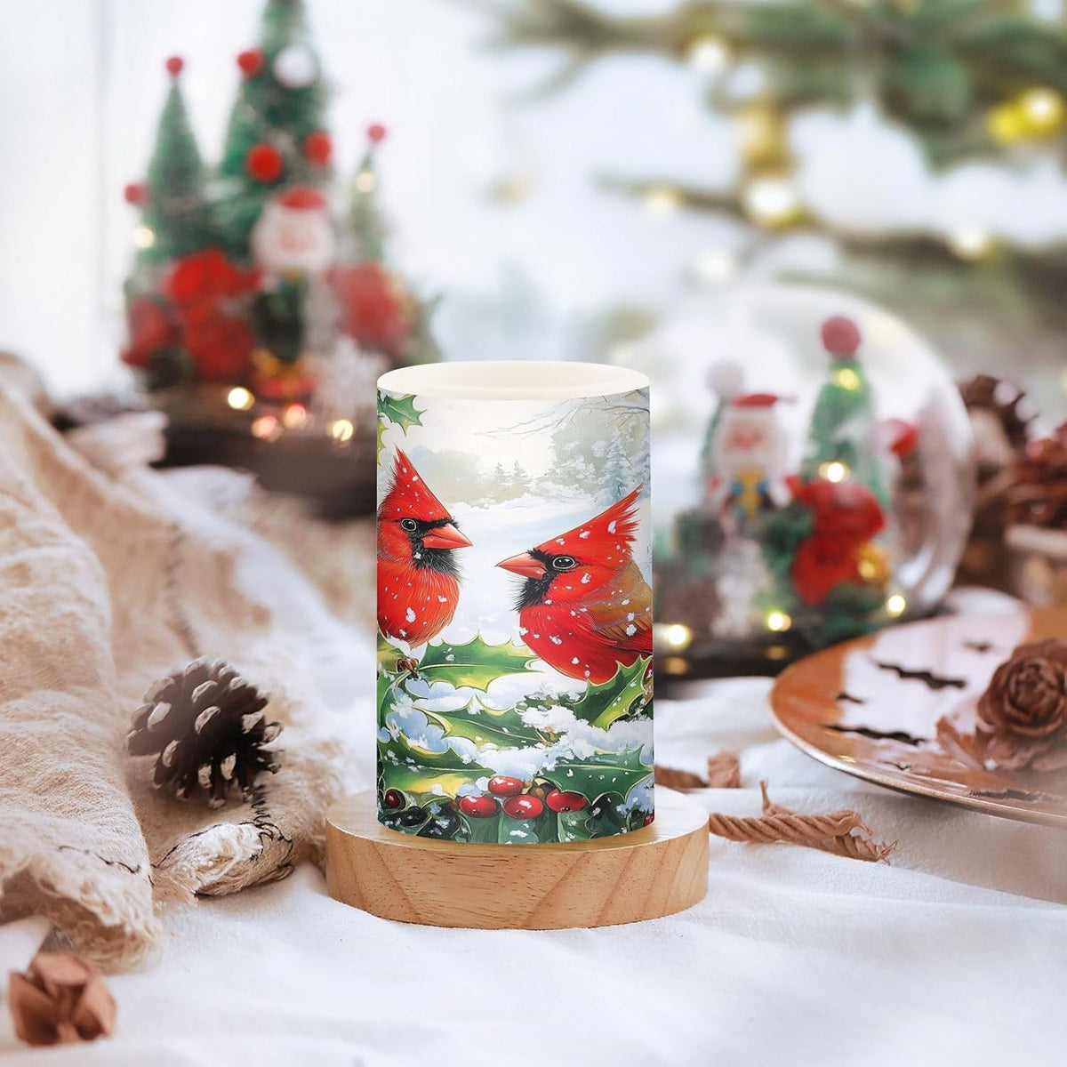 Flickering Flameless Candles, Red Cardinals Holly Christmas LED Candles with Remote Timer, Set of 2 Battery Operated