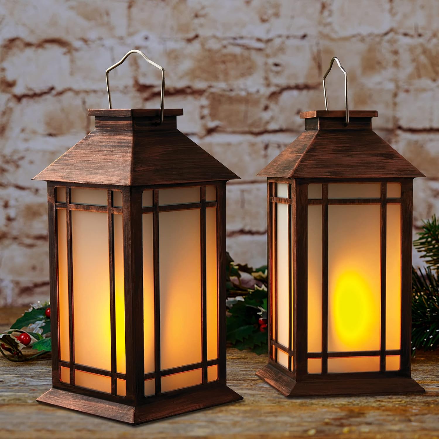 Bdor 13 Inch Outdoor Decorative Lanterns with LED Candle Timer 2 Pack Brown | Battery powered convenience, cozy