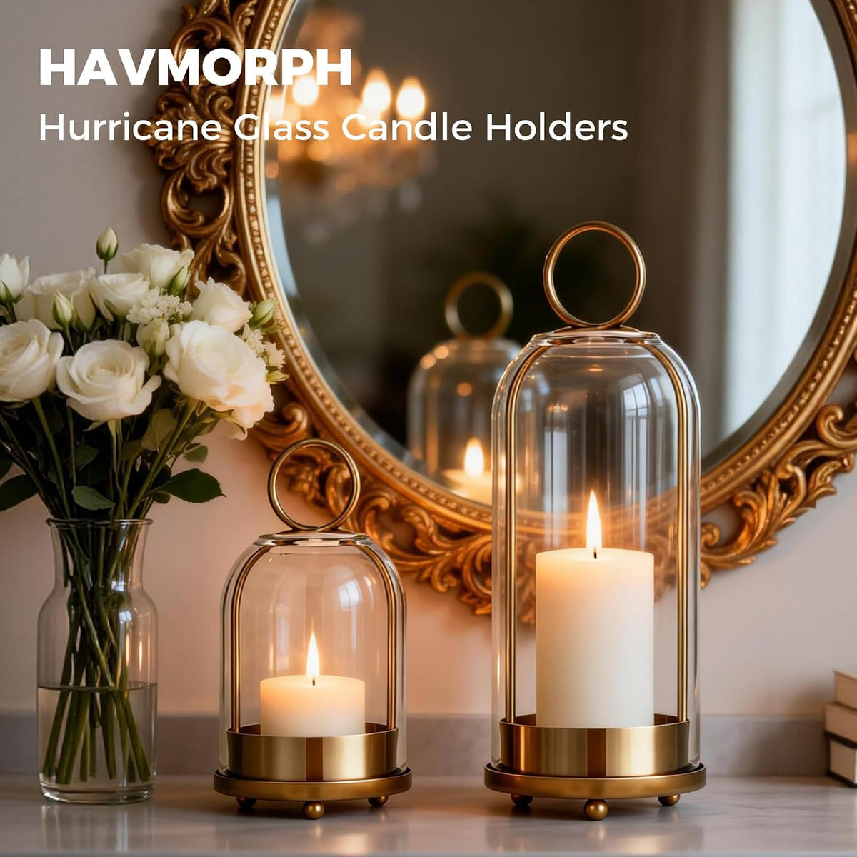 5"&4" Hurricane Glass Candle Holders, Hanging Brass Metal Candle Holder | Glass Candlestick Holders for Pillar Candles