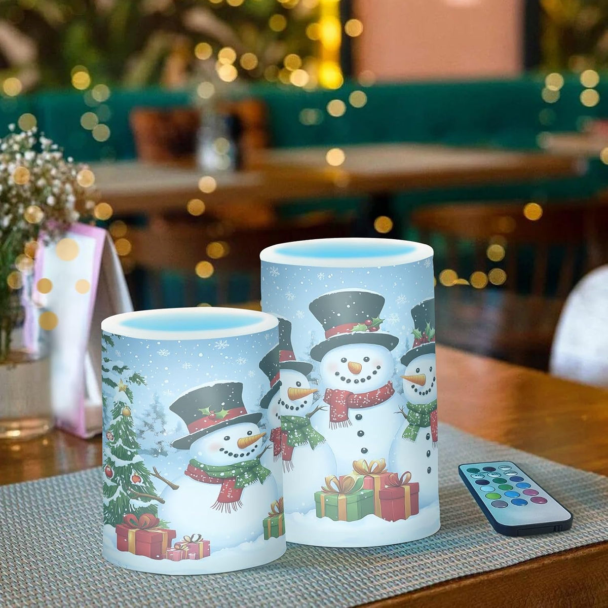 Flickering Flameless Candles, Christmas Snowman LED Candles with Remote Timer, Set of 2 Battery Operated Candle for