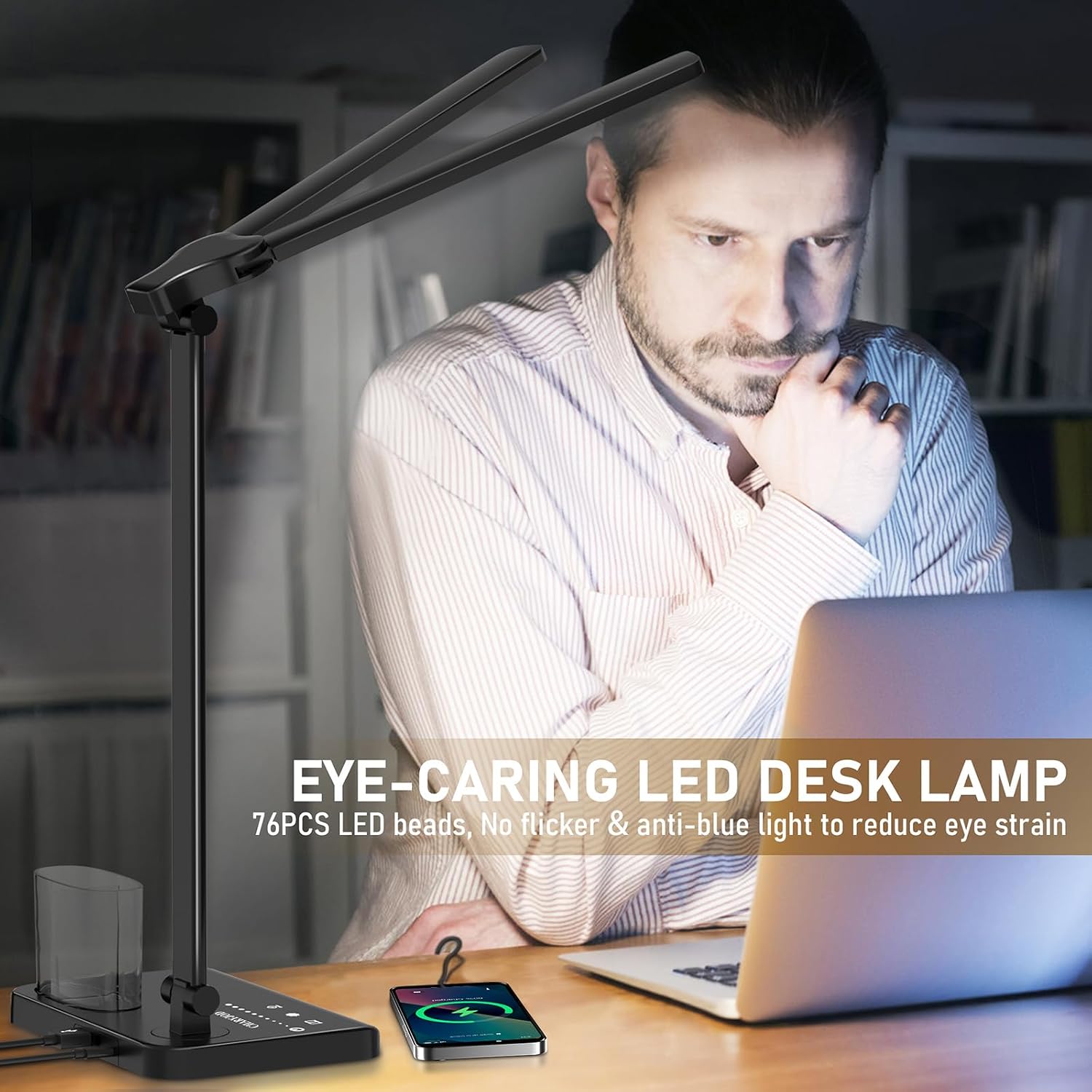 Dimmable LED Desk Lamp with USB Charging Port, 50 Lighting Modes Dual Swing Arm Architect Table Lamp Light Desk Lamp