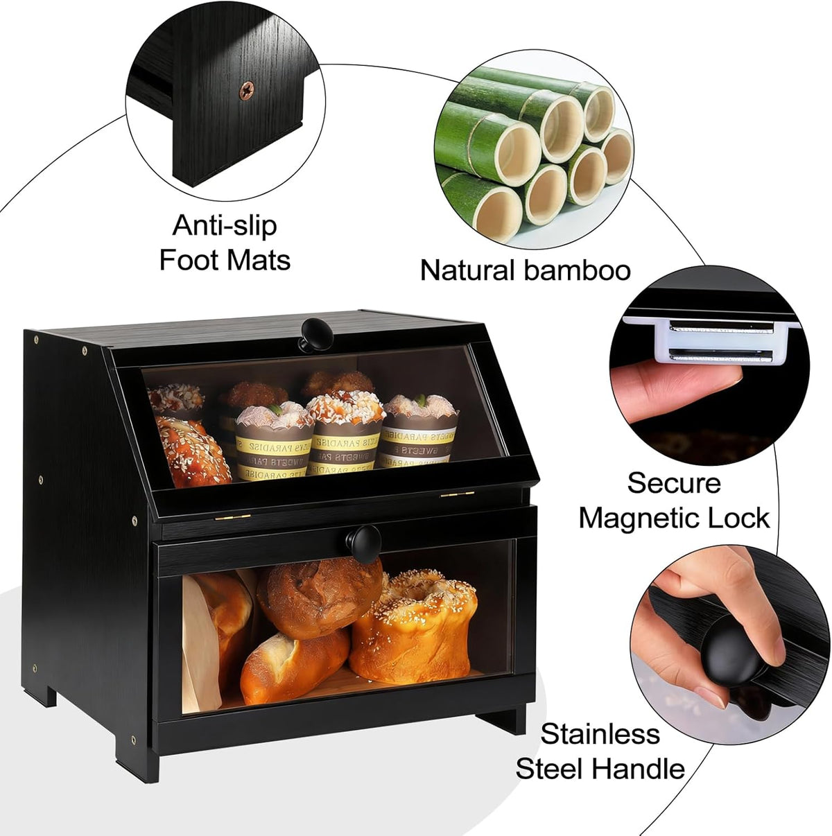 Bamboo Bread Box for Kitchen Countertop, Large Bread Storage Container Bin 2 Layer Breadbox Holder for Kitchen Counter