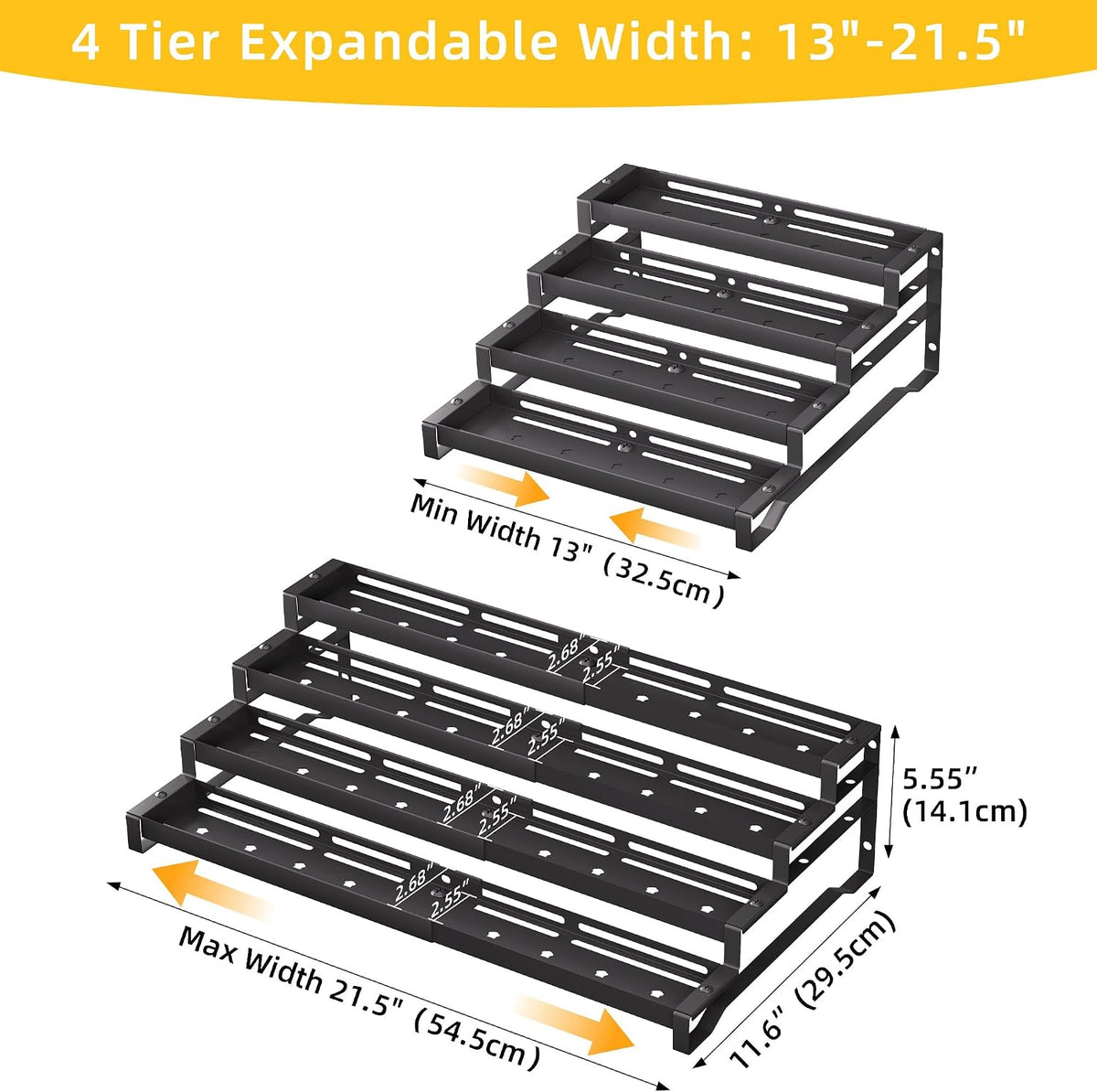 Spice Rack Organizer for Cabinet, 13-21.5" Expandable Spicy Shelf | 11.6" Depth 4-Tier Black Metal Seasoning Organizer