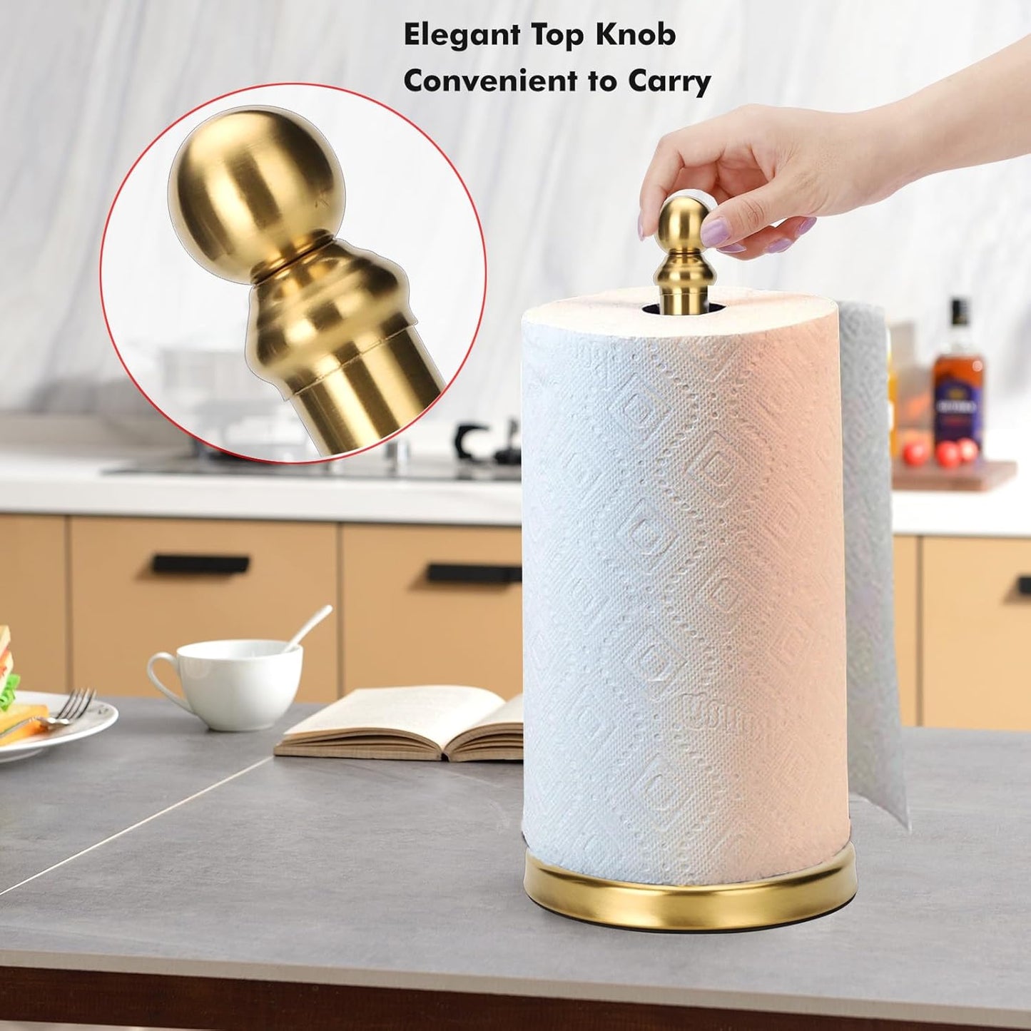 Gold Paper Towel Holder Countertop, Standing Paper Towel Roll Holder for Kitchen Bathroom, with Weighted Base for