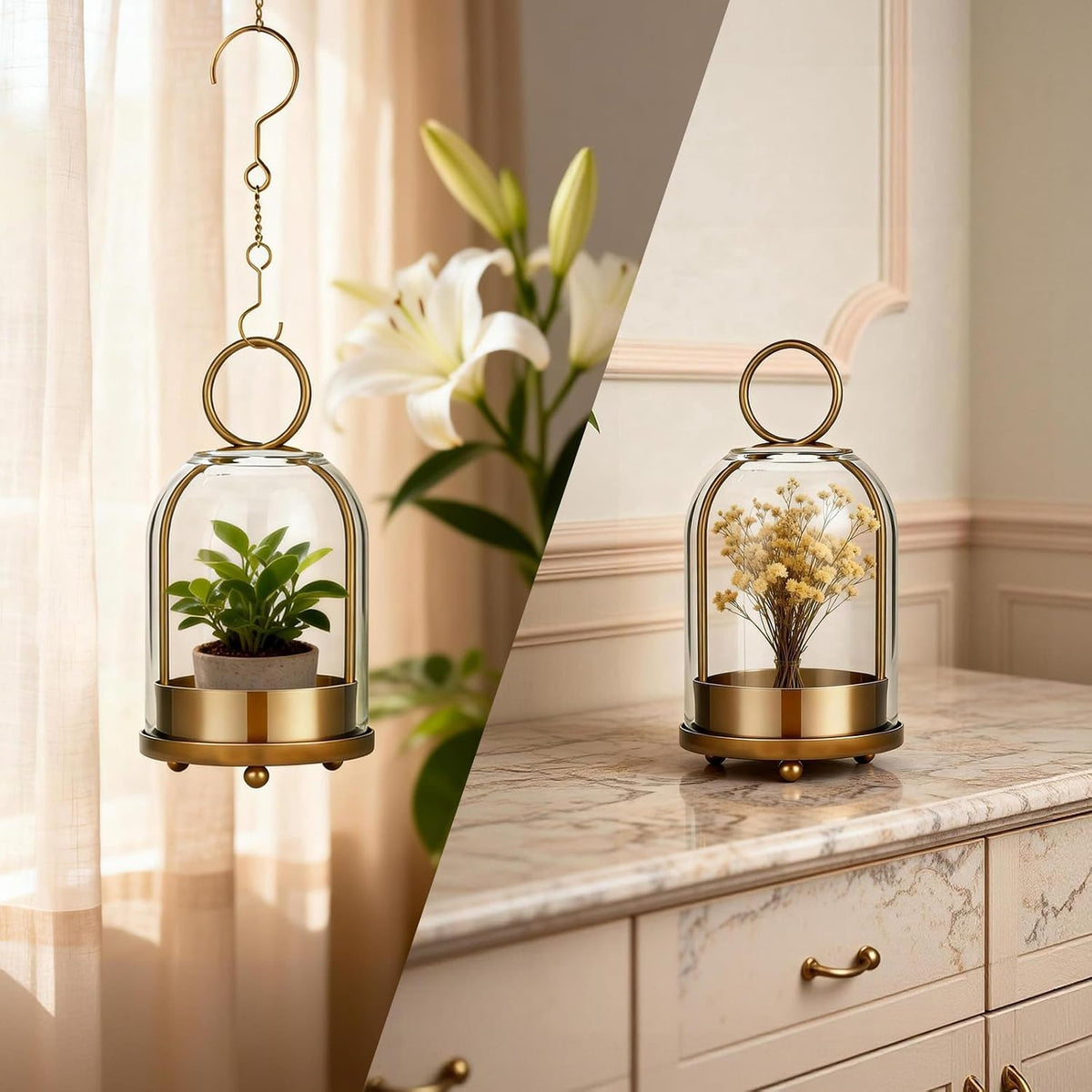 5"&4" Hurricane Glass Candle Holders, Hanging Brass Metal Candle Holder | Glass Candlestick Holders for Pillar Candles
