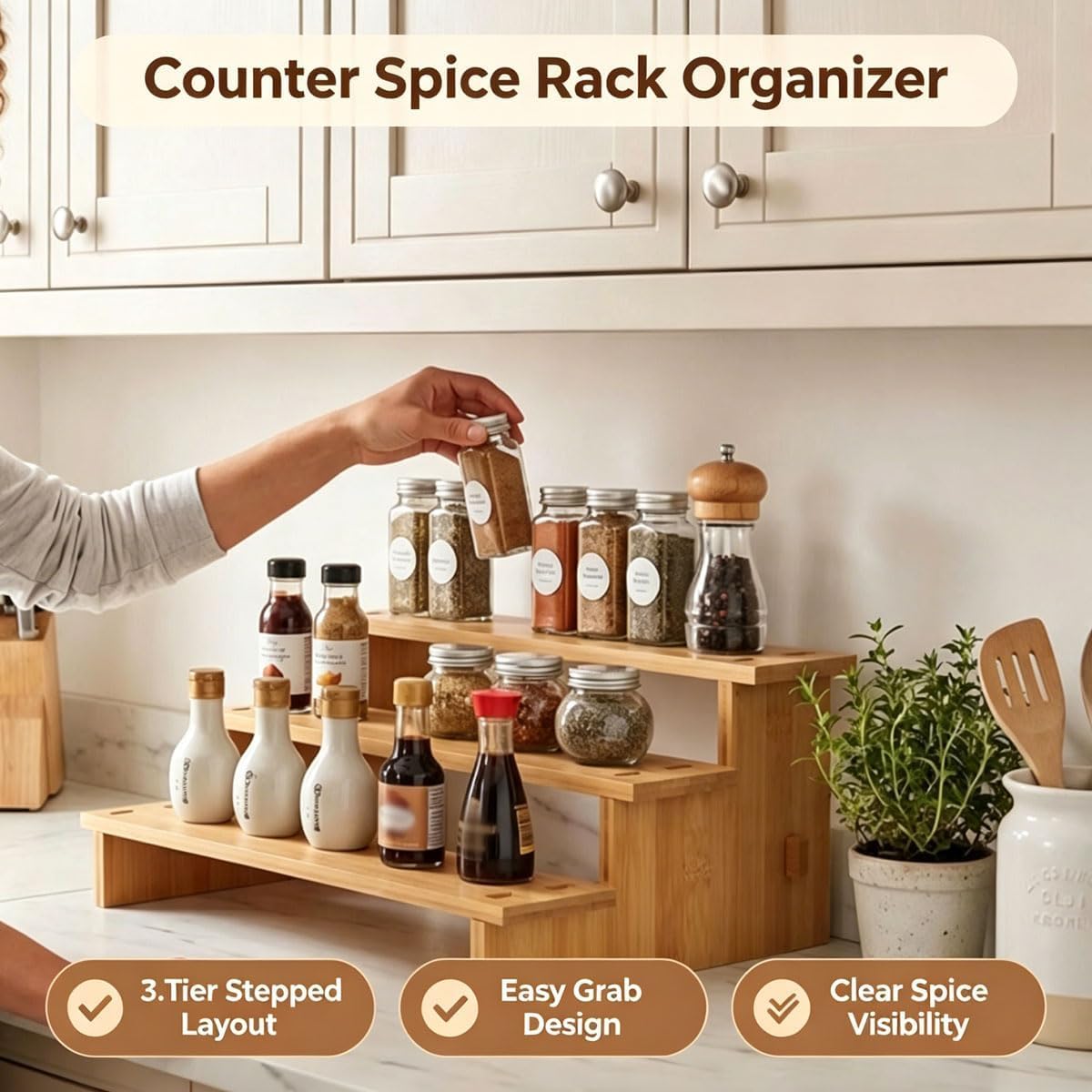 JinDoWin 2 Pack Spice Rack Organizer for Cabinets,Countertop & Pantries | 3-Tier stepped for clear visibility & easy