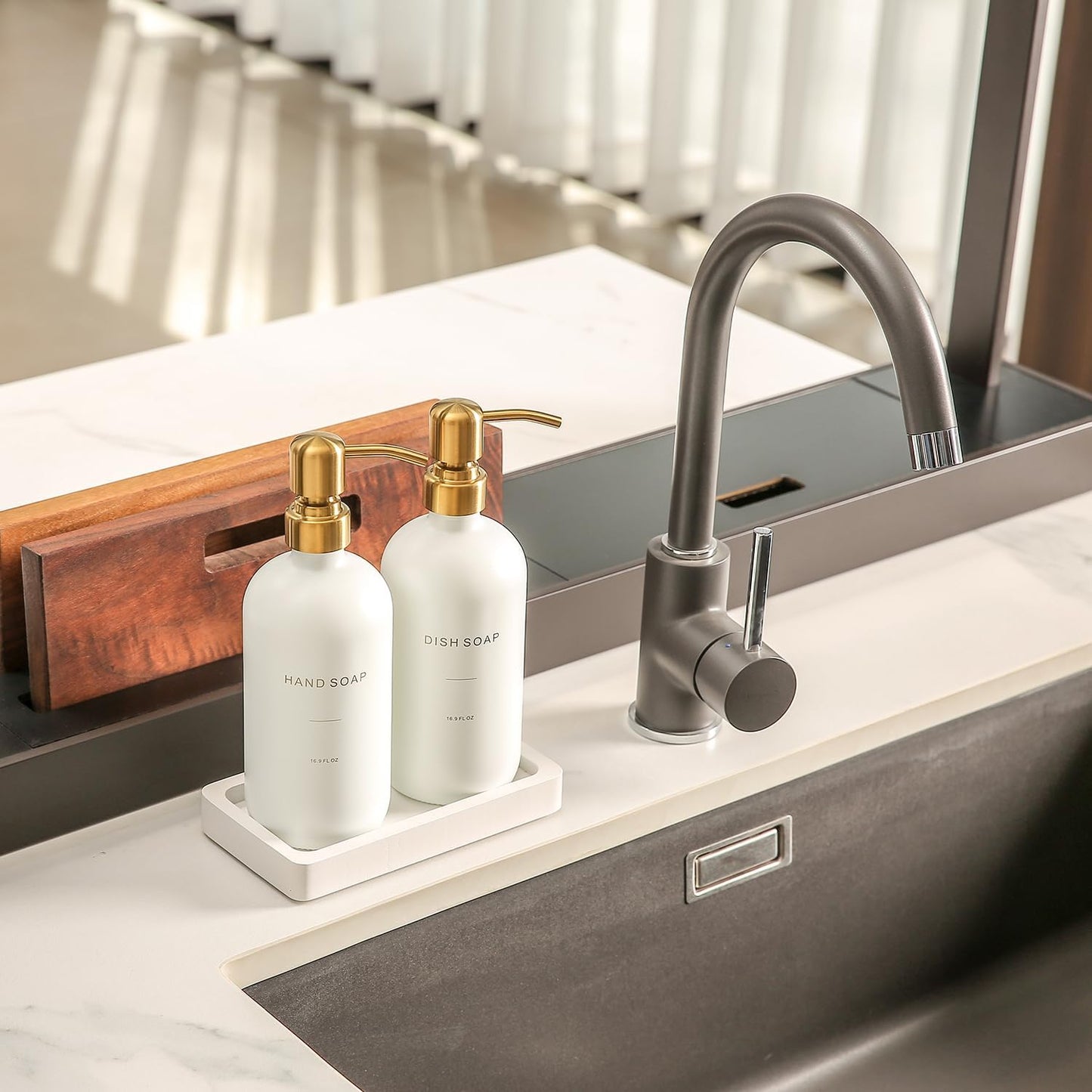Prus Waso Gold Soap Dispenser Set | Glass Soap Dispenser with Stainless Steel Pump, Perfect for Modern Kitchen Counter