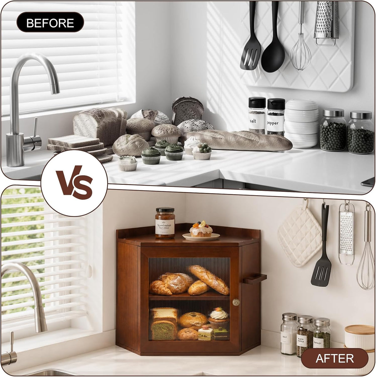 Corner Bread Box For Kitchen Countertop,2 Tier Bread Bin With Acrylic Door Panel,Adjustable Shelf & Hanging Rack,Food