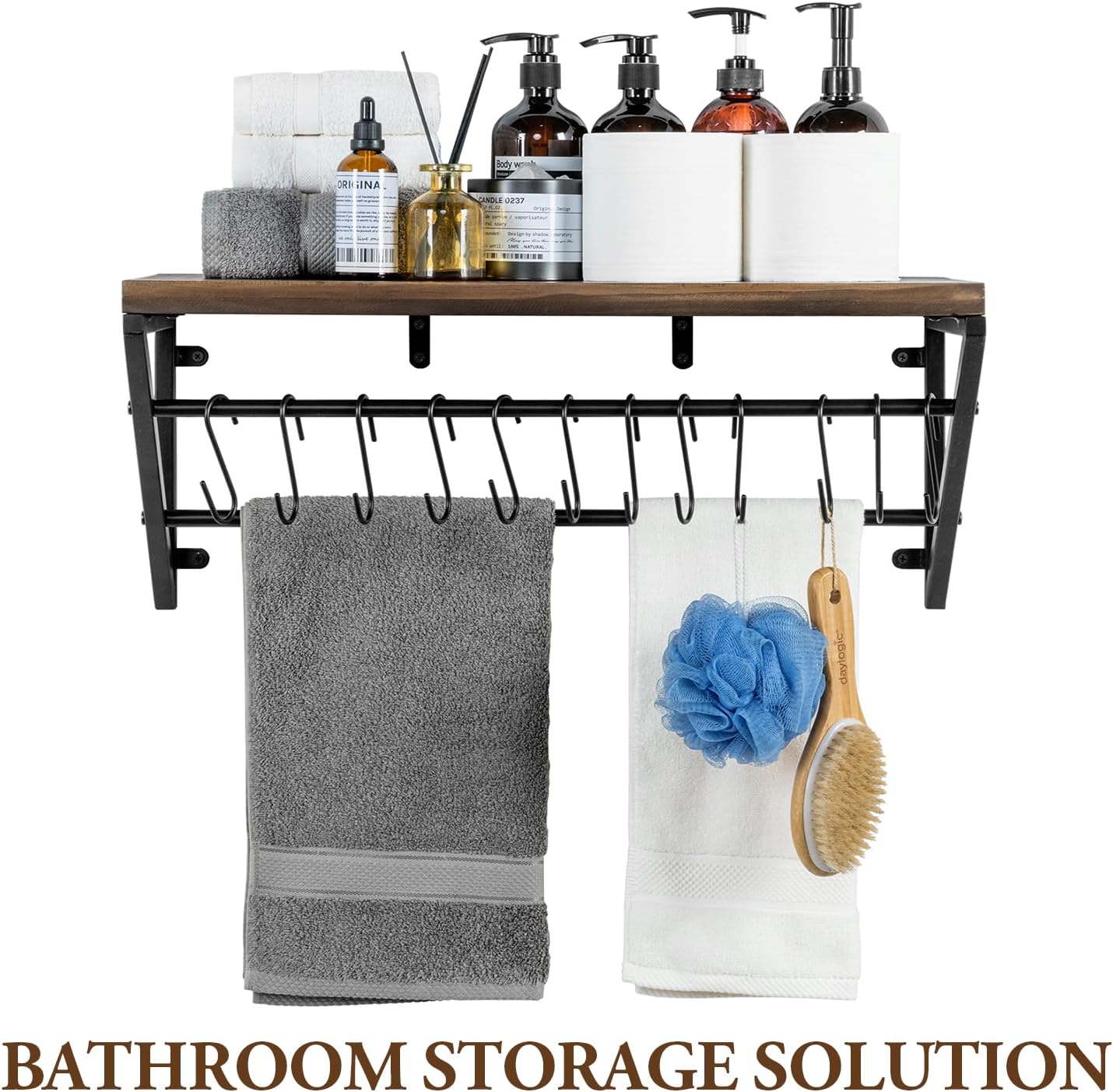 MyGift Urban Industrial Burnt Solid Wood Kitchen Floating Shelf with Black Metal Brackets for Pots and Pans with 12