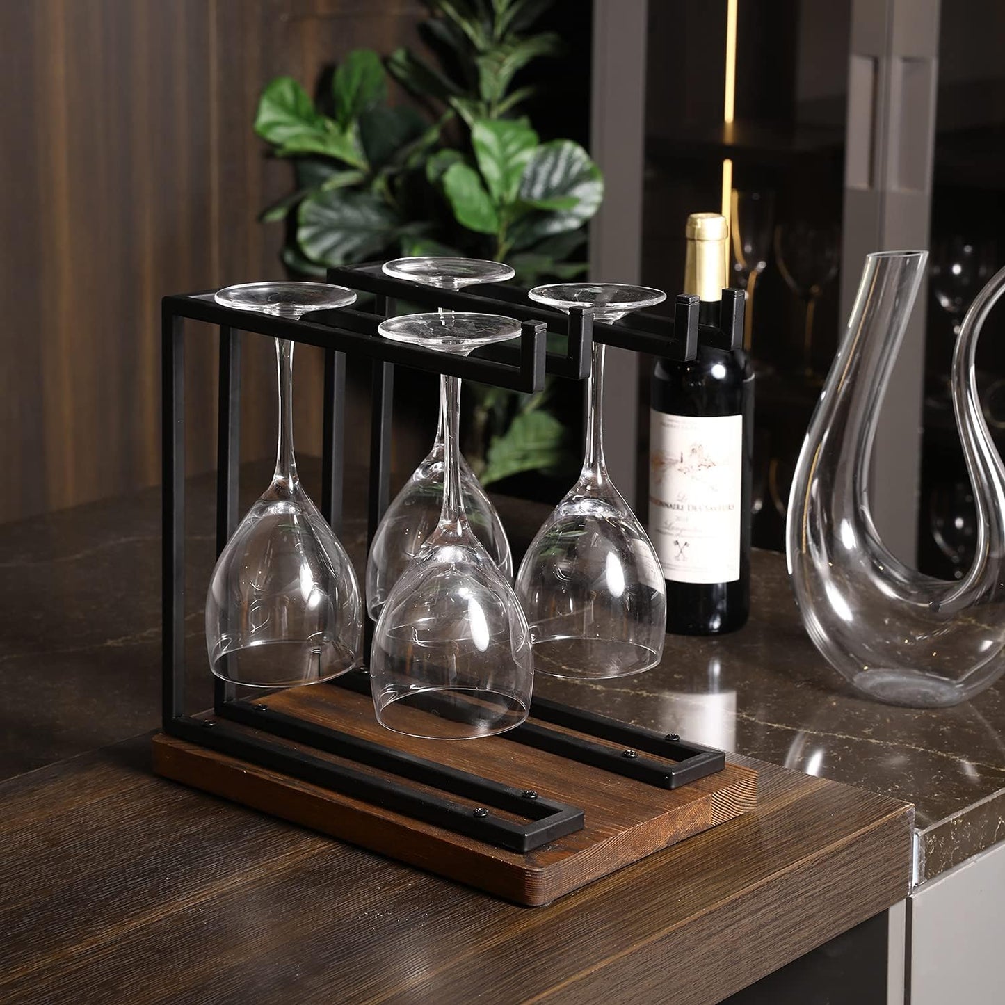 MyGift Countertop Wine Glass Holder with Rustic Wood Base, Industrial Metal | 2 Hanging Bars Store Stemware for