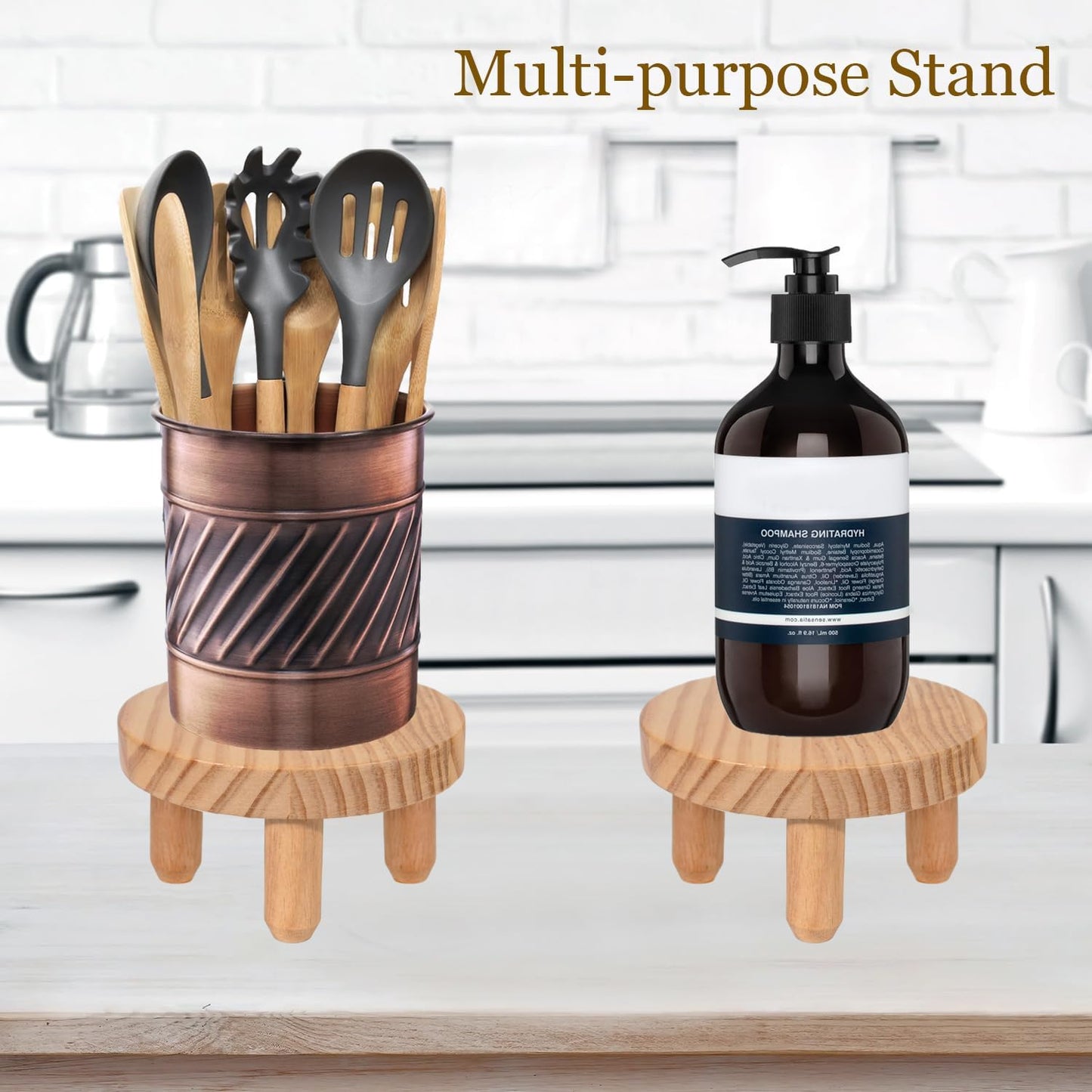 Decorative Round Wood Desktop Plant Stand Mid Century Kitchen Counter Pedestal Stand / Natural
