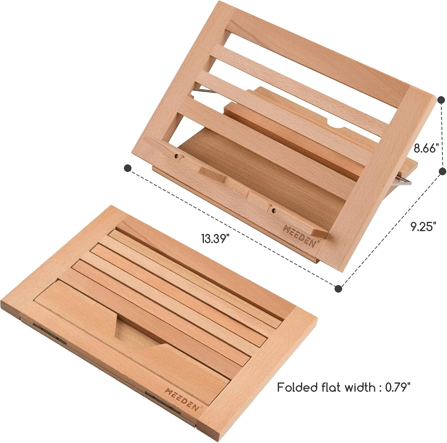 MEEDEN Book Stand with Page Holder Clips: 13.39" x 9.25" Cookbook Holders | Adjustable Foldable Solid Beechwood MacBook