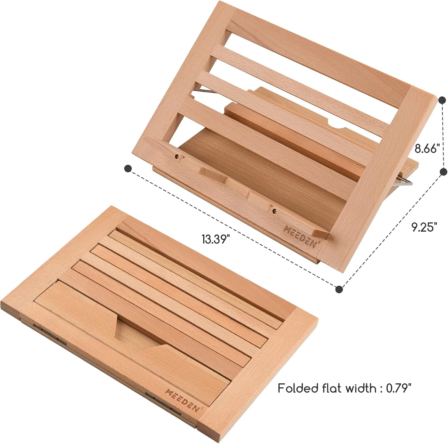MEEDEN Book Stand with Page Holder Clips: 13.39" x 9.25" Cookbook Holders | Adjustable Foldable Solid Beechwood MacBook