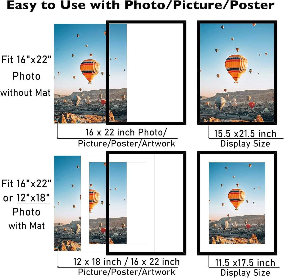 JCJMY 16x22 Picture Frame Set of 4 with 12x18 Mat, Display Photo 12x18 with Mat or 16 x 22 Without Mat, Wall Hanging