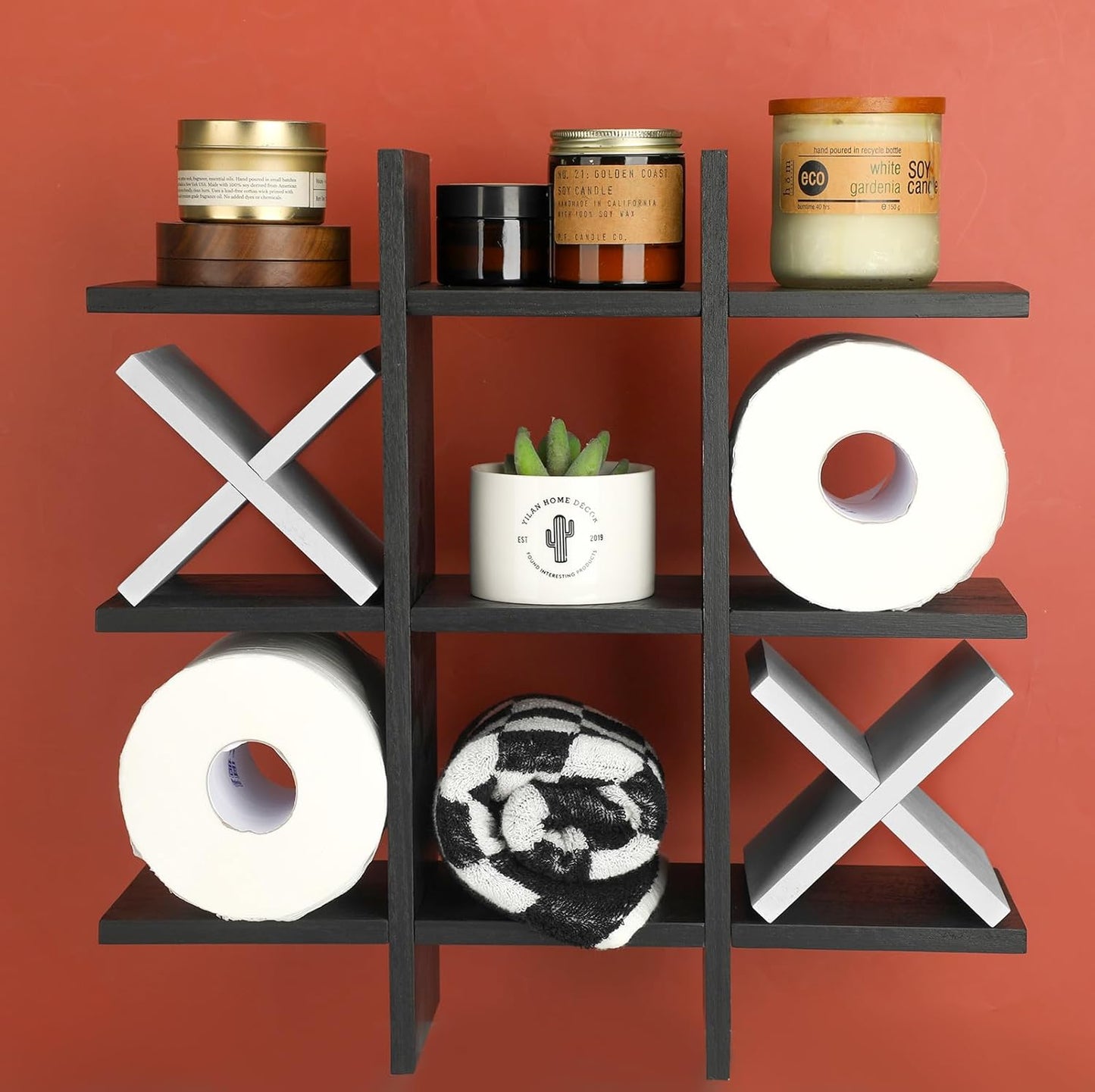 Weysat Tic Tac Toe Toilet Paper Holder,Black, White | Farmhouse Bathroom Decor, Freestanding or Wall Mount Storage for