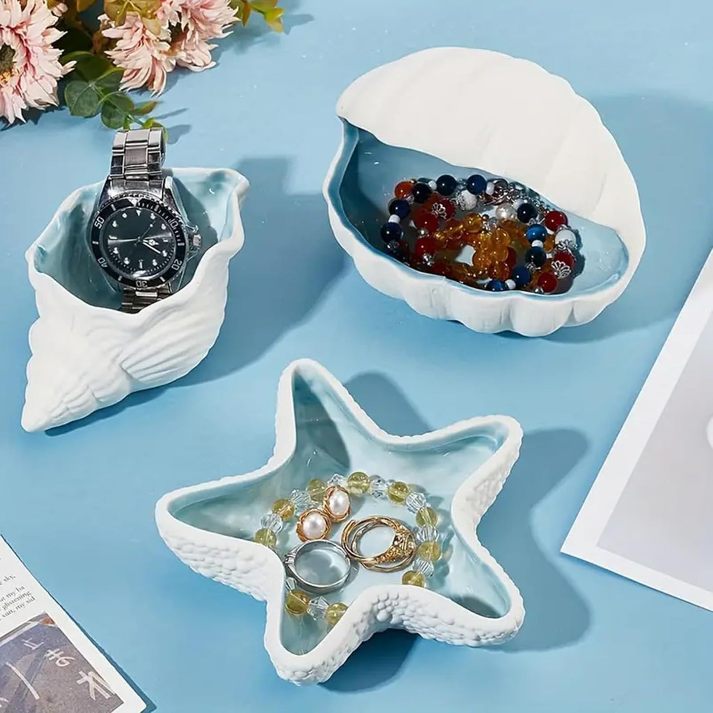 Conch Jewelry Dish Ceramic Jewelry Tray / White + Blue