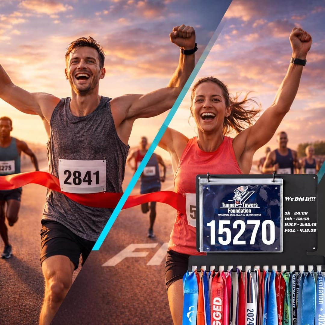 Running Medal Hanger Display with Race Bib Holder, Gift for Runners | Individual Hooks, Custom Write-On Board, Easy to