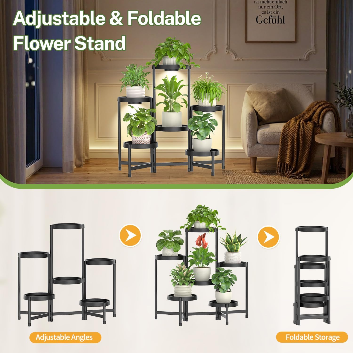 LASZOLA Plant Stand Indoor Outdoor Tall With Grow Lights, 6 Tiers Black | Corner Folding Flower Display Rack, with