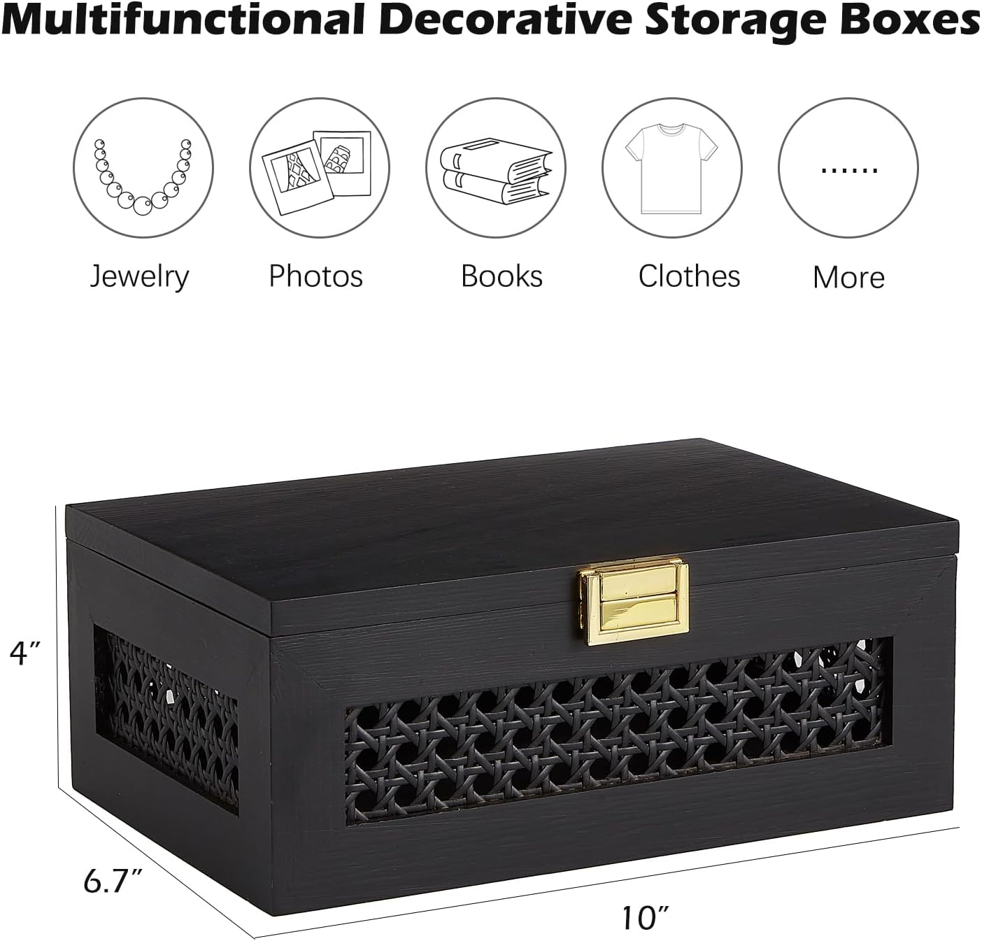 Decorative Rattan Storage Boxes Solid Wood Woven Baskets Bins / Black