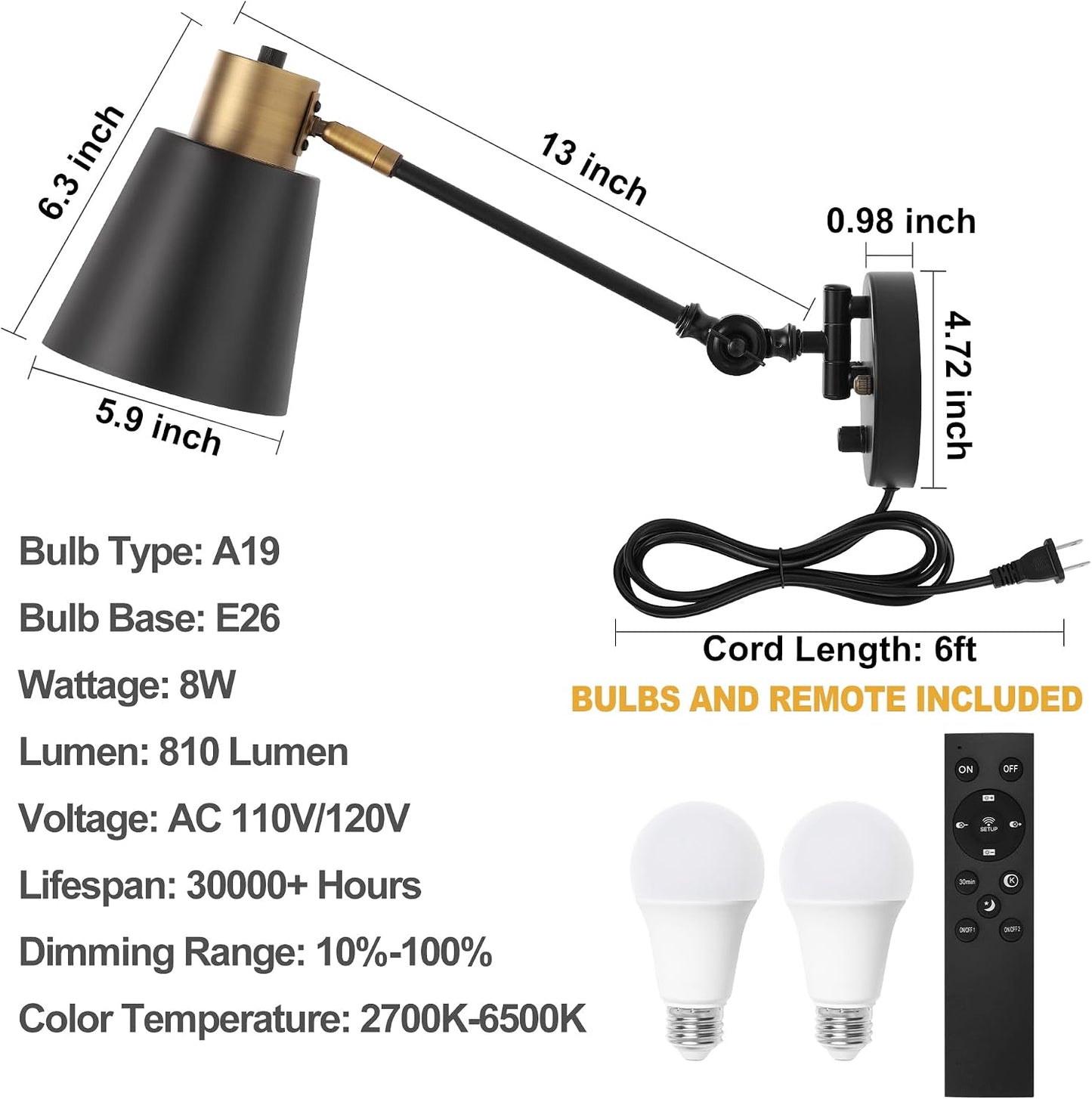 Plug in Wall Sconces with Remote, Adjustable Colors 2700K-6500K & Brightness 10%-100%, Swing Arm Wall Lamp, Wall