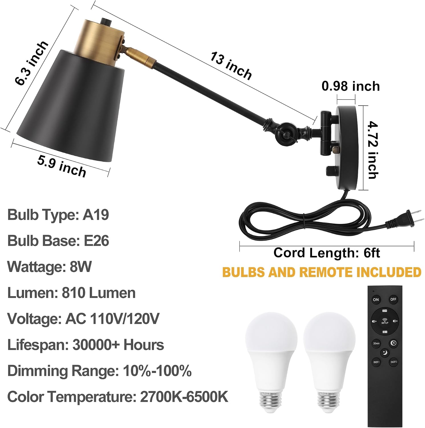 Plug in Wall Sconces with Remote, Adjustable Colors 2700K-6500K & Brightness 10%-100%, Swing Arm Wall Lamp, Wall