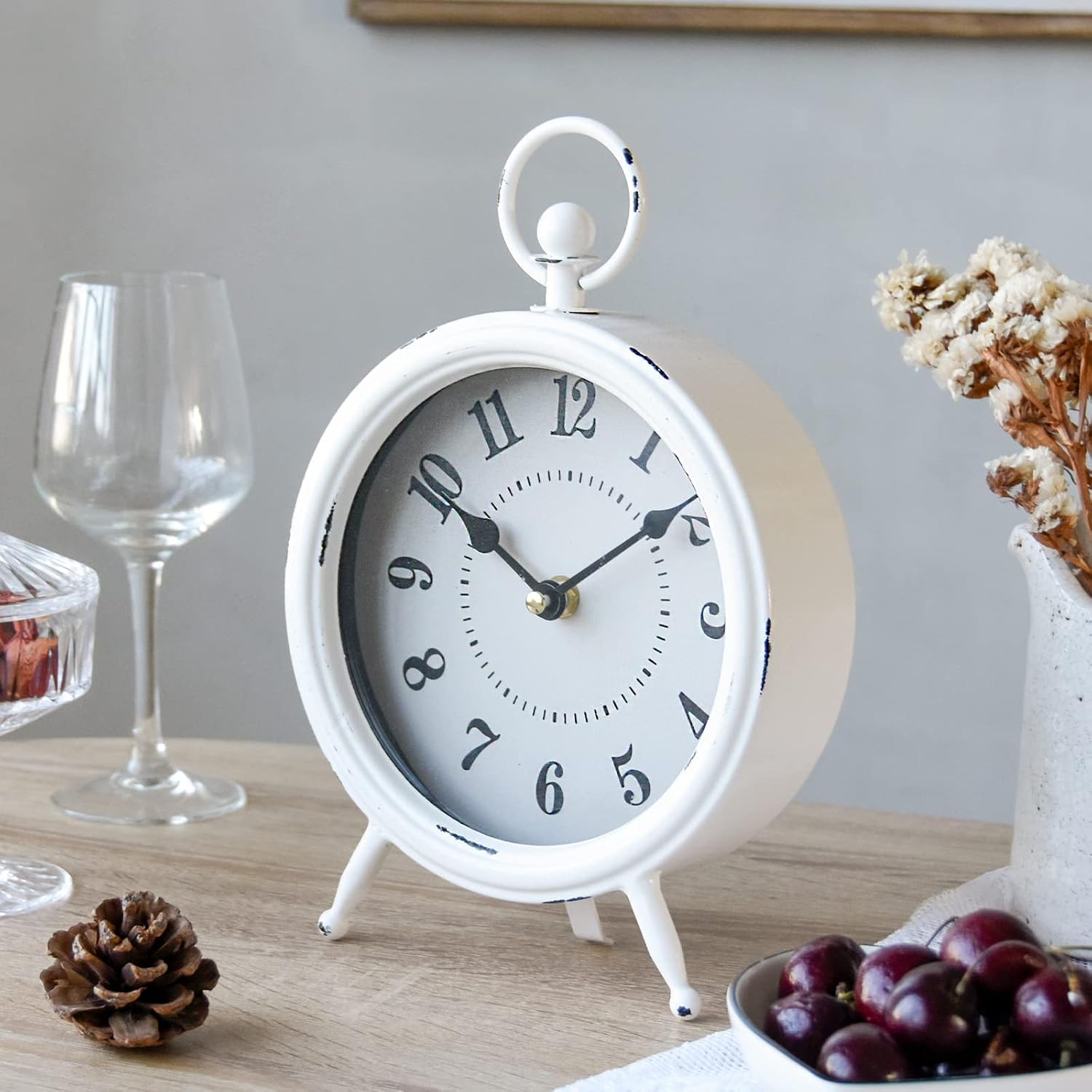 Vintage Rustic Table Clock on Stand / White / 10.5"H