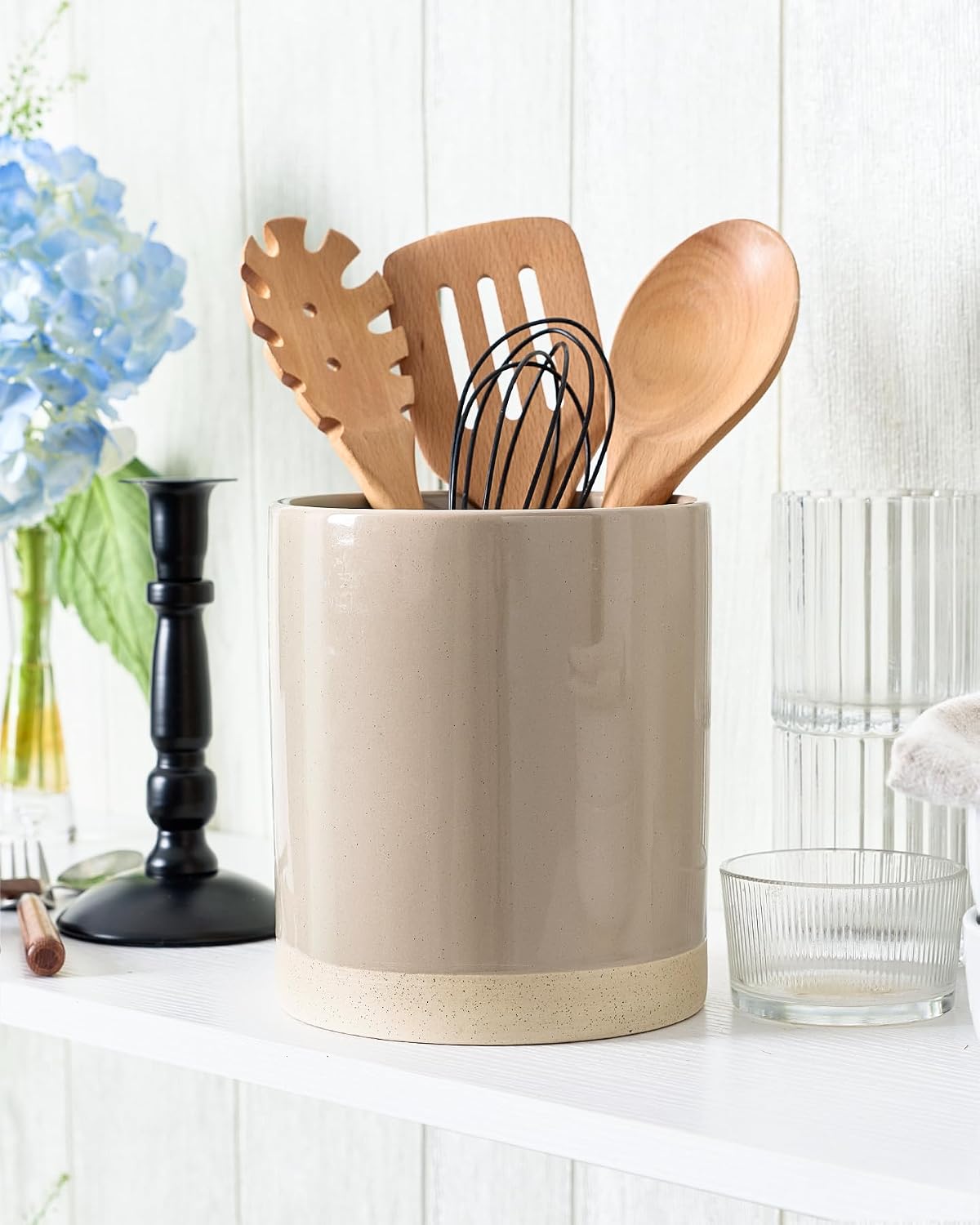 famiware Ceramic Utensil Holder, 7.2"+5.8", Set of 2, Cinnamon Brown | Cooking Utensil Crocks, Organizer for Spatula &