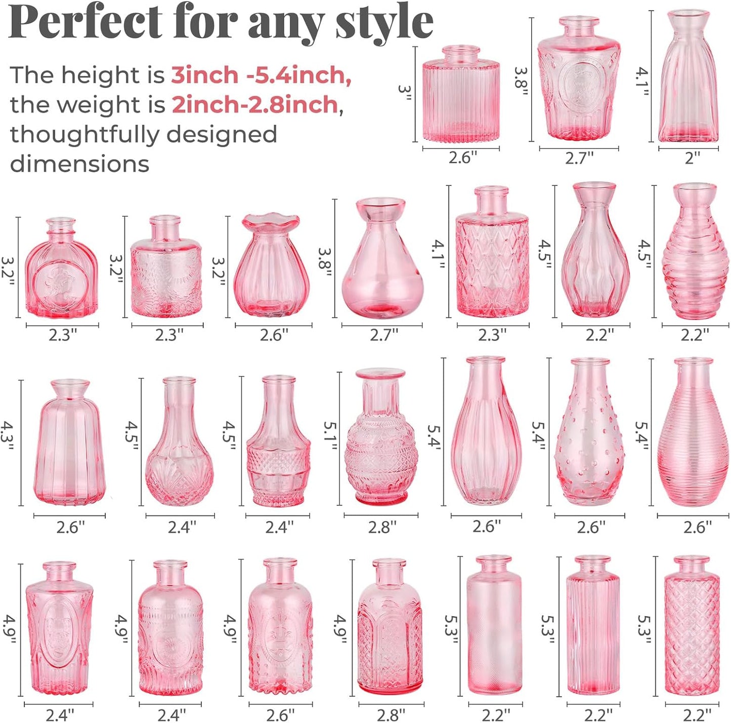 Mini Glass Vintage Vases for Centerpieces / Pink / Set of 24