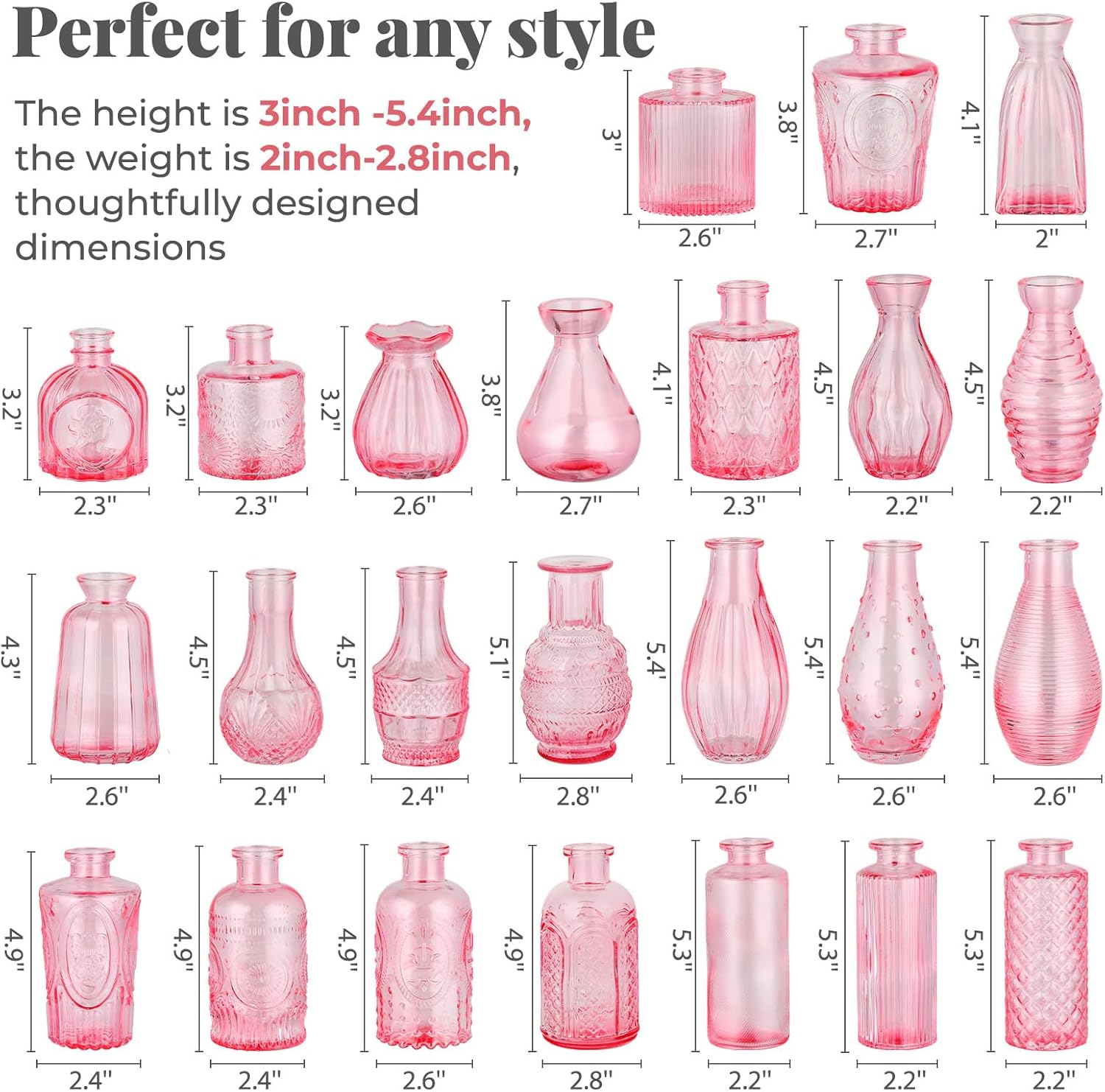 Mini Glass Vintage Vases for Centerpieces / Pink / Set of 24